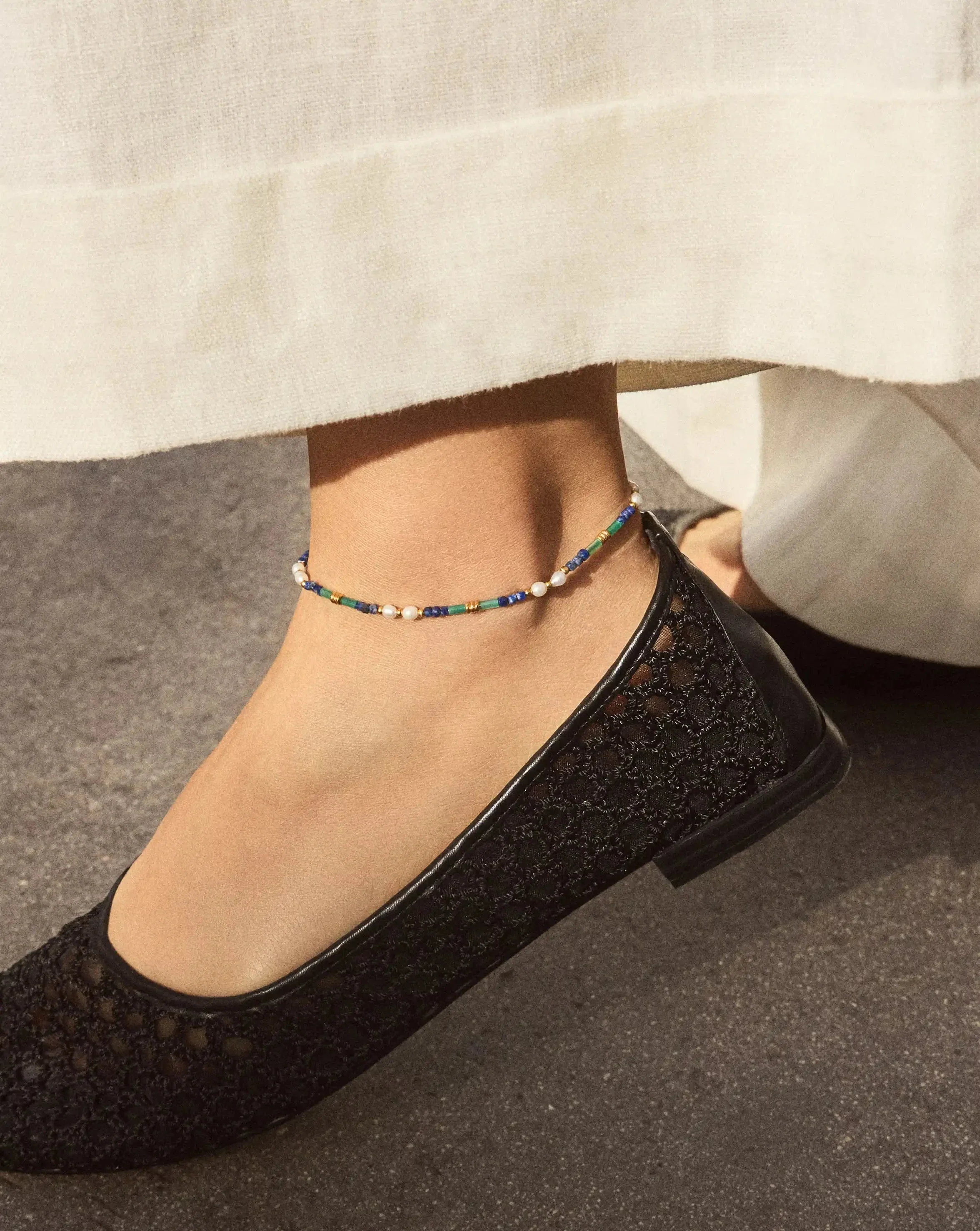 Beaded Gemstone & Pearl Anklet | 18k Gold Plated/Lagoon Blue - Image 2