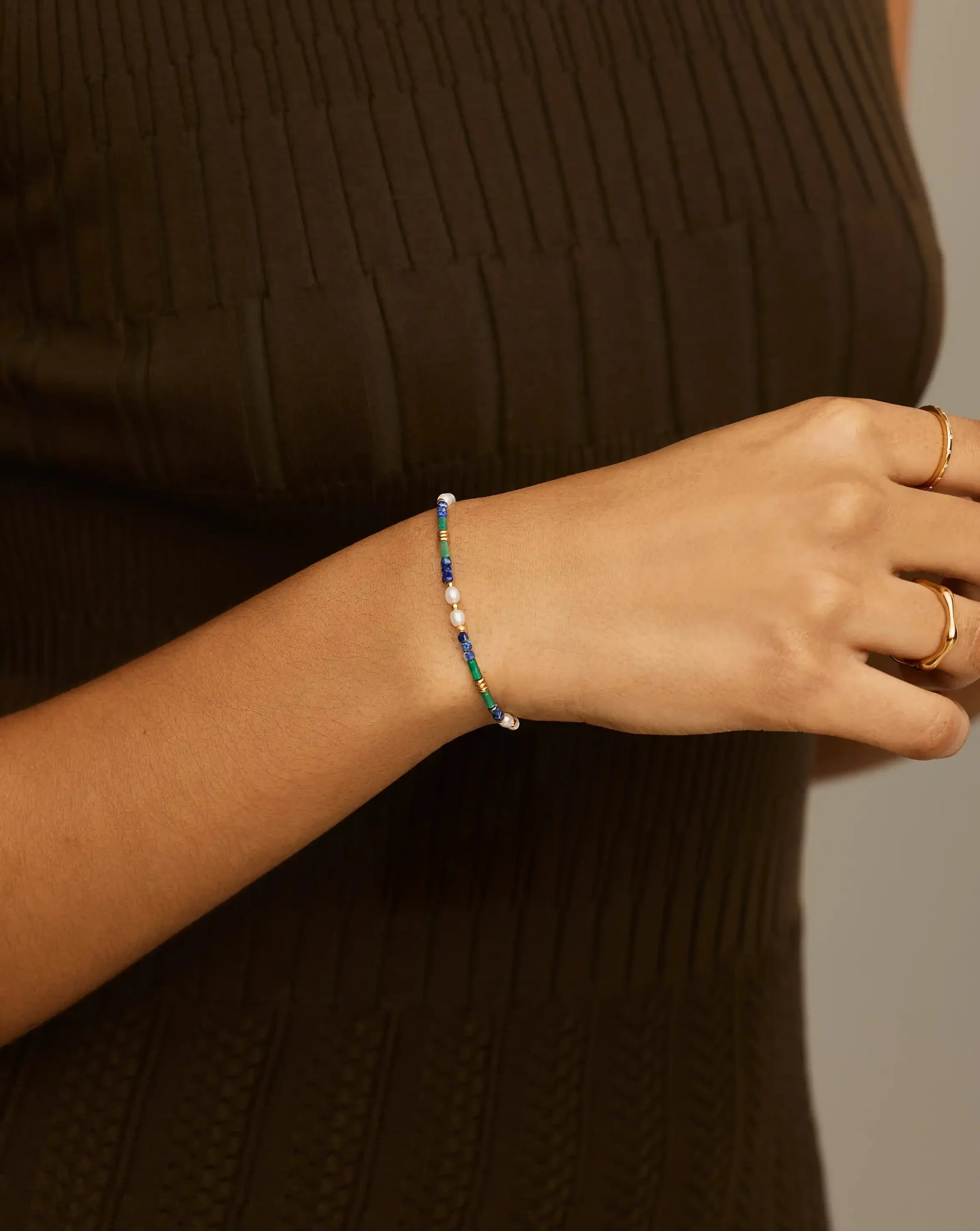Beaded Gemstone & Pearl Bracelet | 18k Gold Plated/Lagoon Blue - Image 2