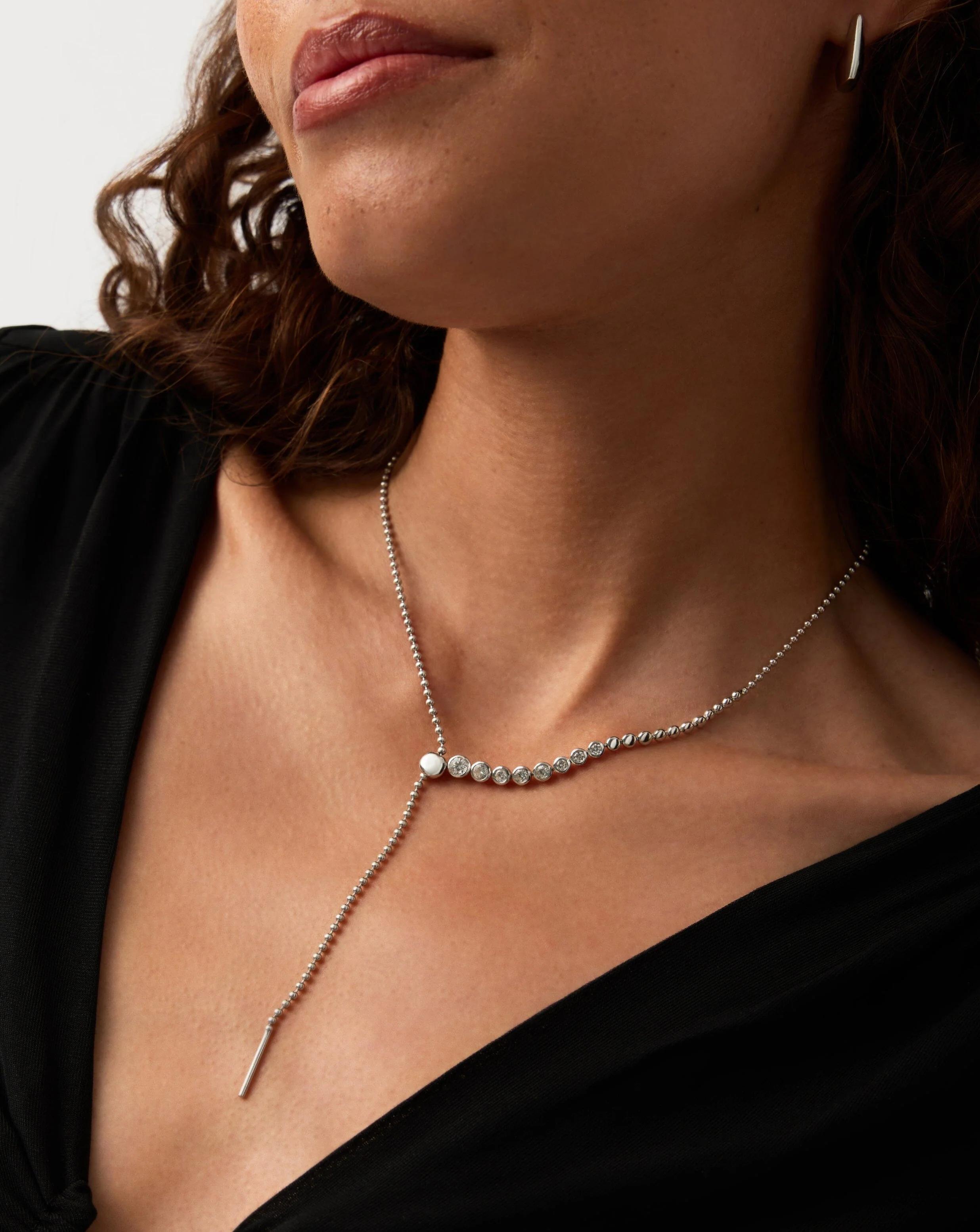 Beaded Stone Slider Lariat Necklace| Sterling Silver Cubic Zirconia - Image 2