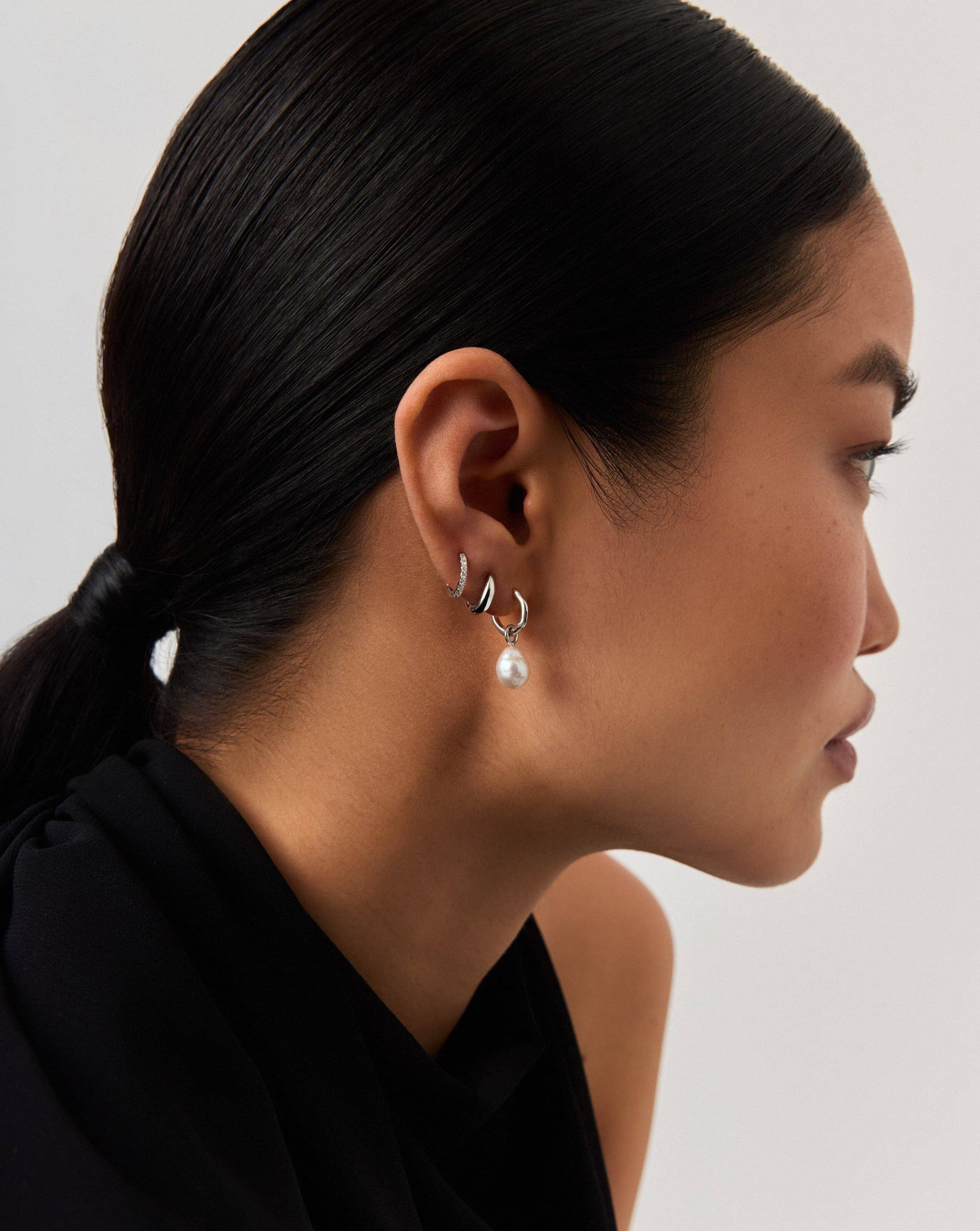 Solid Gold Baroque Pearl Organic Hoop Earrings | 14k Solid White Gold/Pearl - Image 2