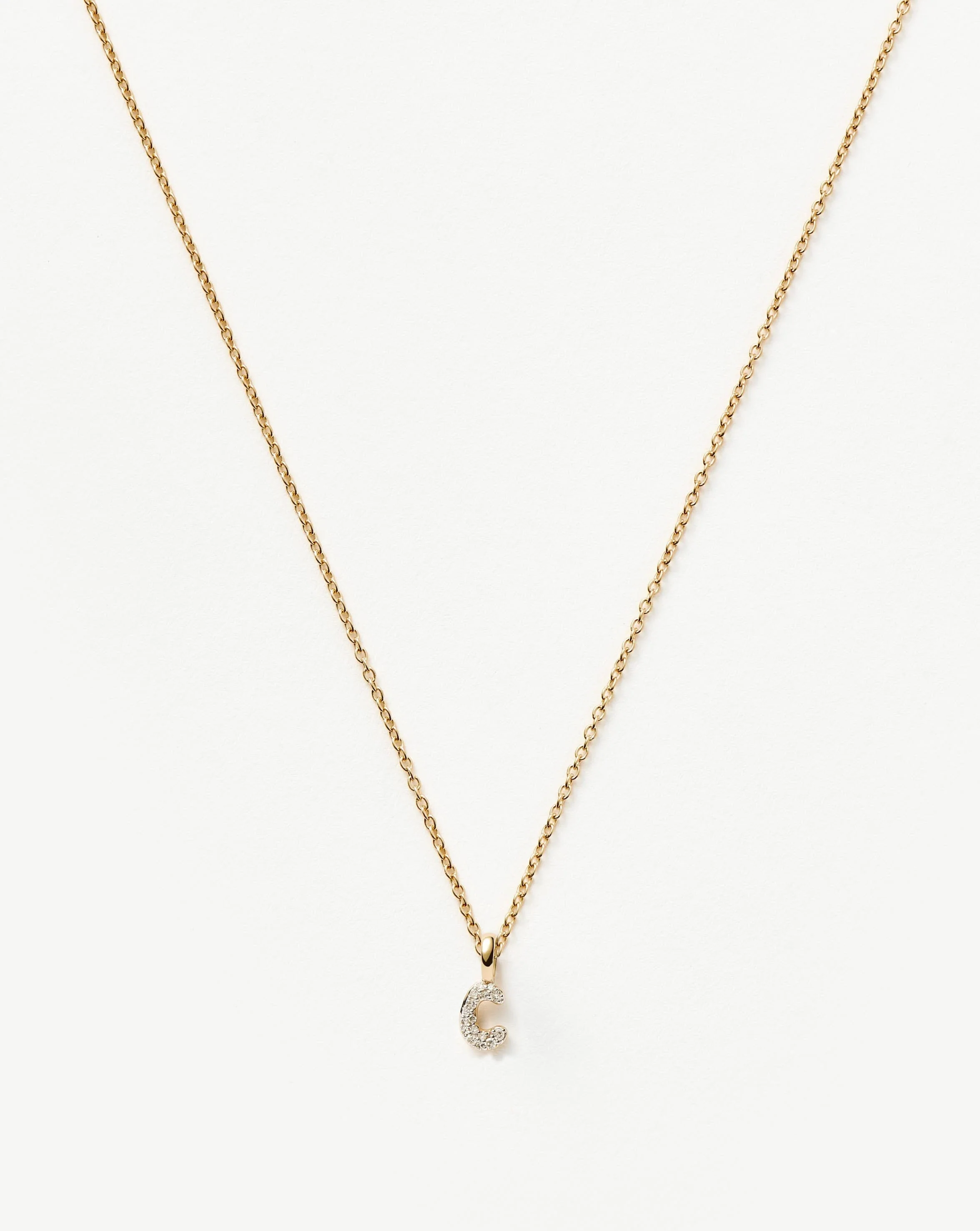Solid Gold Diamond Initial Mini Pendant Necklace - C | 14k Solid Yellow Gold Plated/Diamond