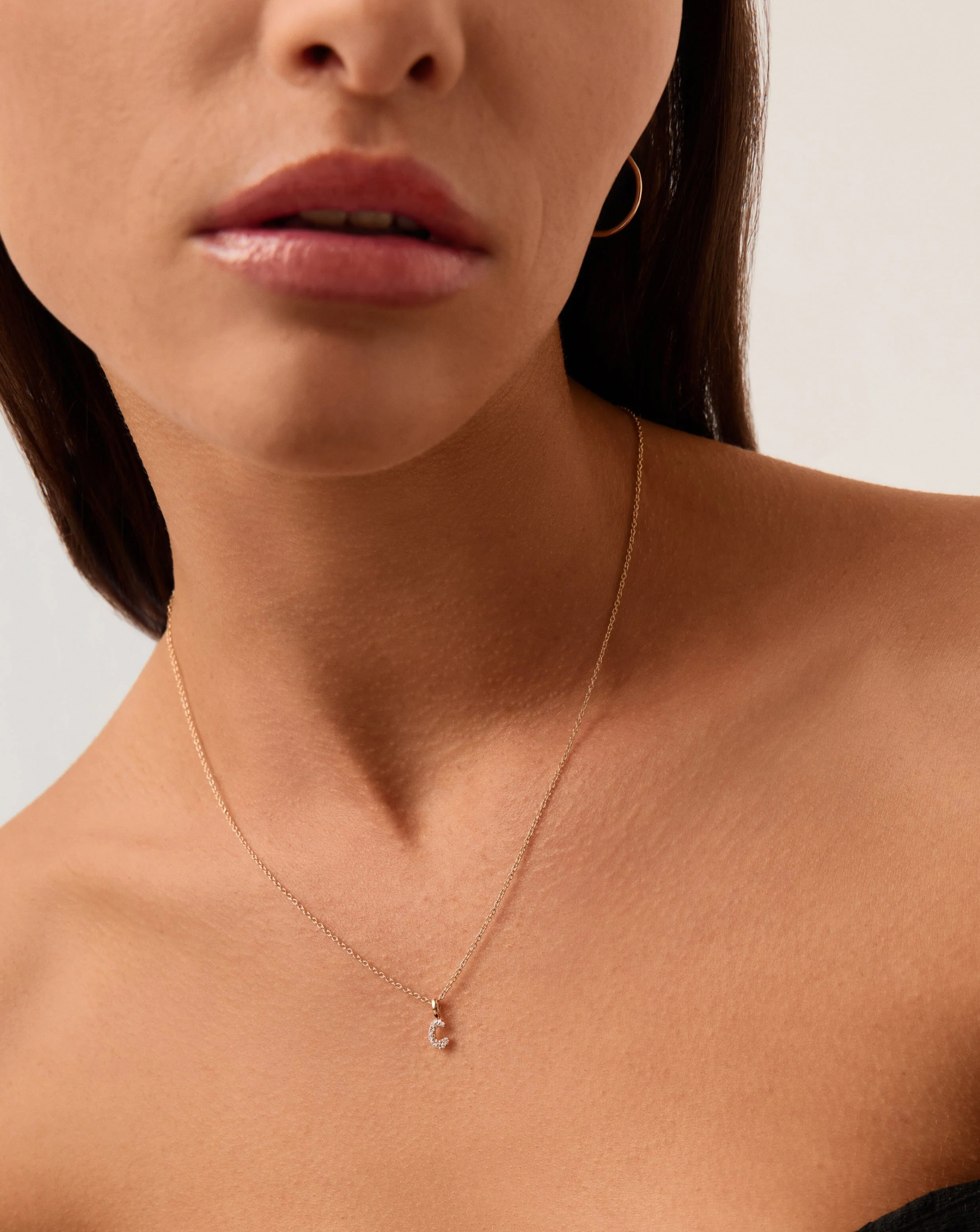 Solid Gold Diamond Initial Mini Pendant Necklace - C | 14k Solid Yellow Gold Plated/Diamond - Image 2