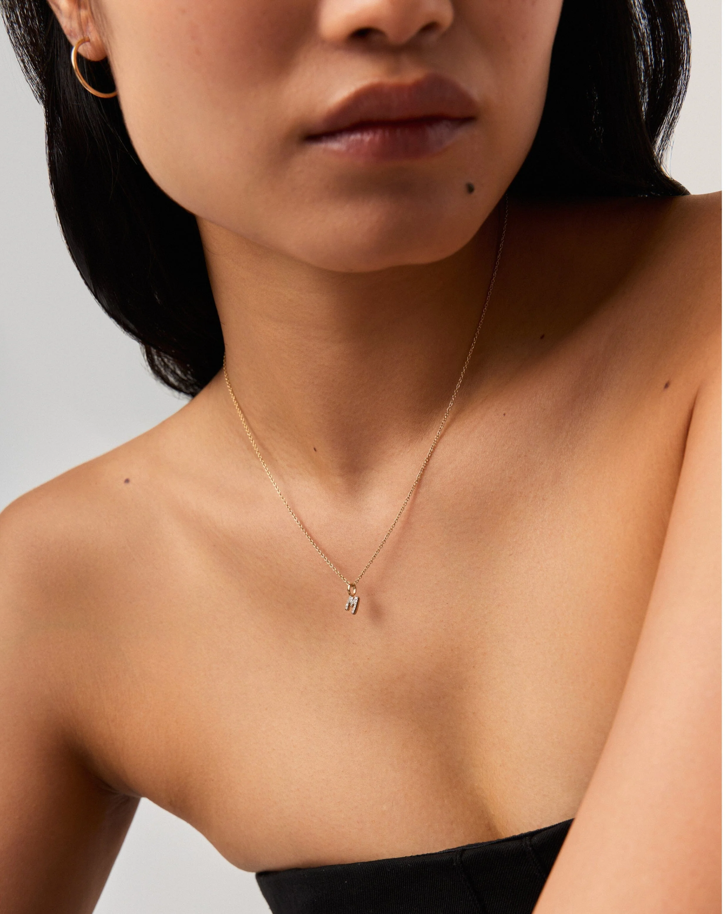 Solid Gold Diamond Initial Mini Pendant Necklace - M | 14k Solid Yellow Gold Plated/Diamond - Image 2