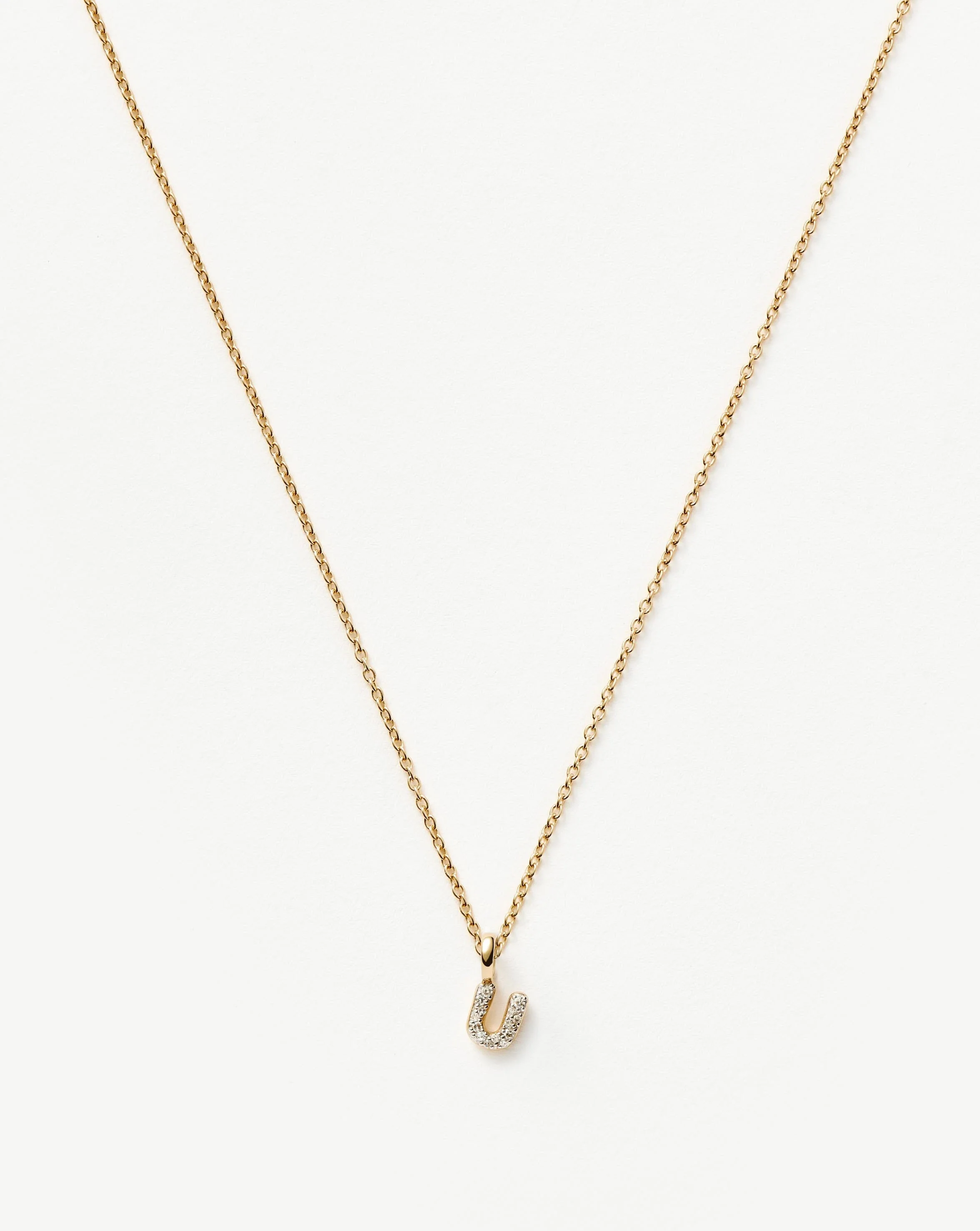 Solid Gold Diamond Initial Mini Pendant Necklace - U | 14k Solid Yellow Gold Plated/Diamond