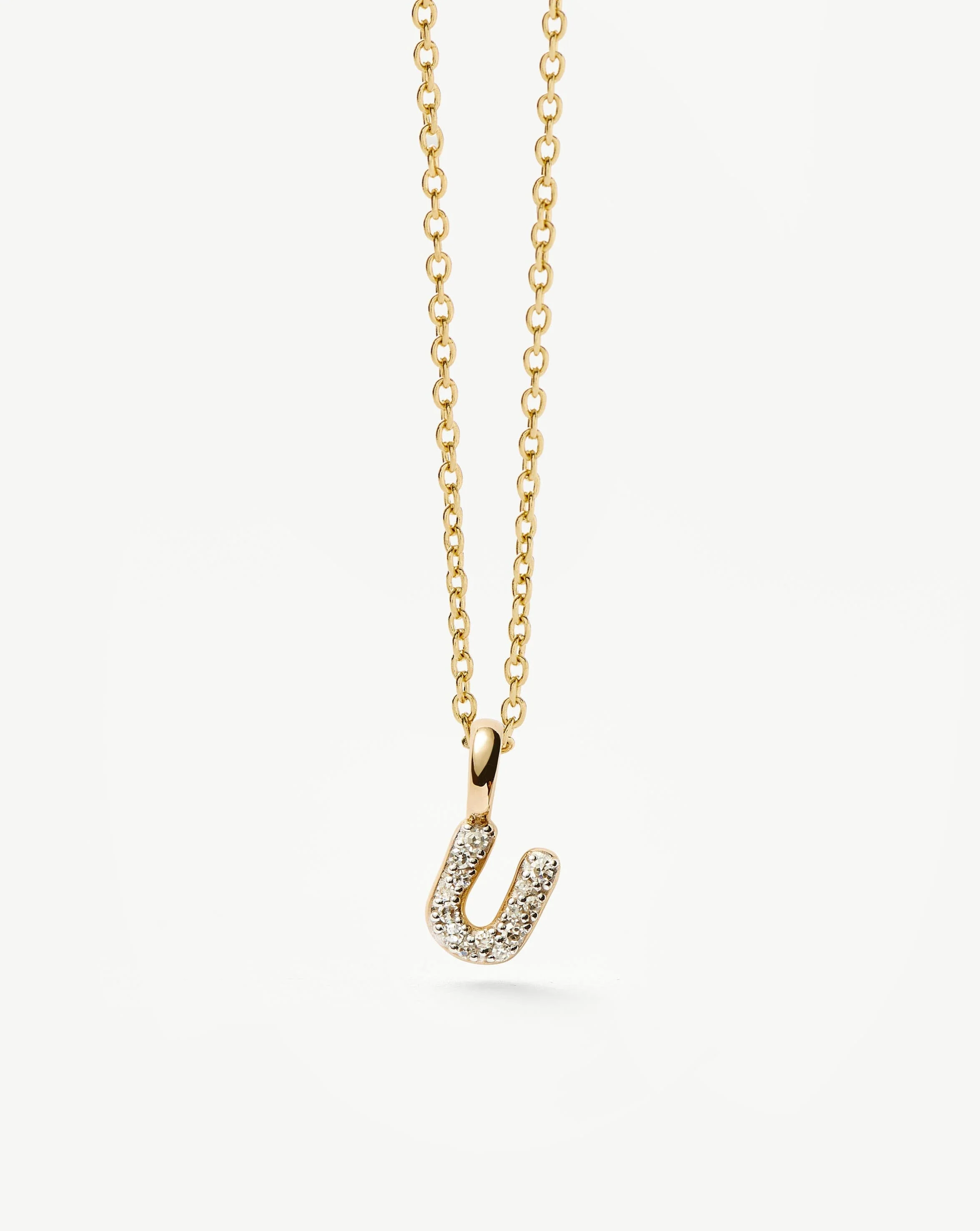 Solid Gold Diamond Initial Mini Pendant Necklace - U | 14k Solid Yellow Gold Plated/Diamond - Image 2
