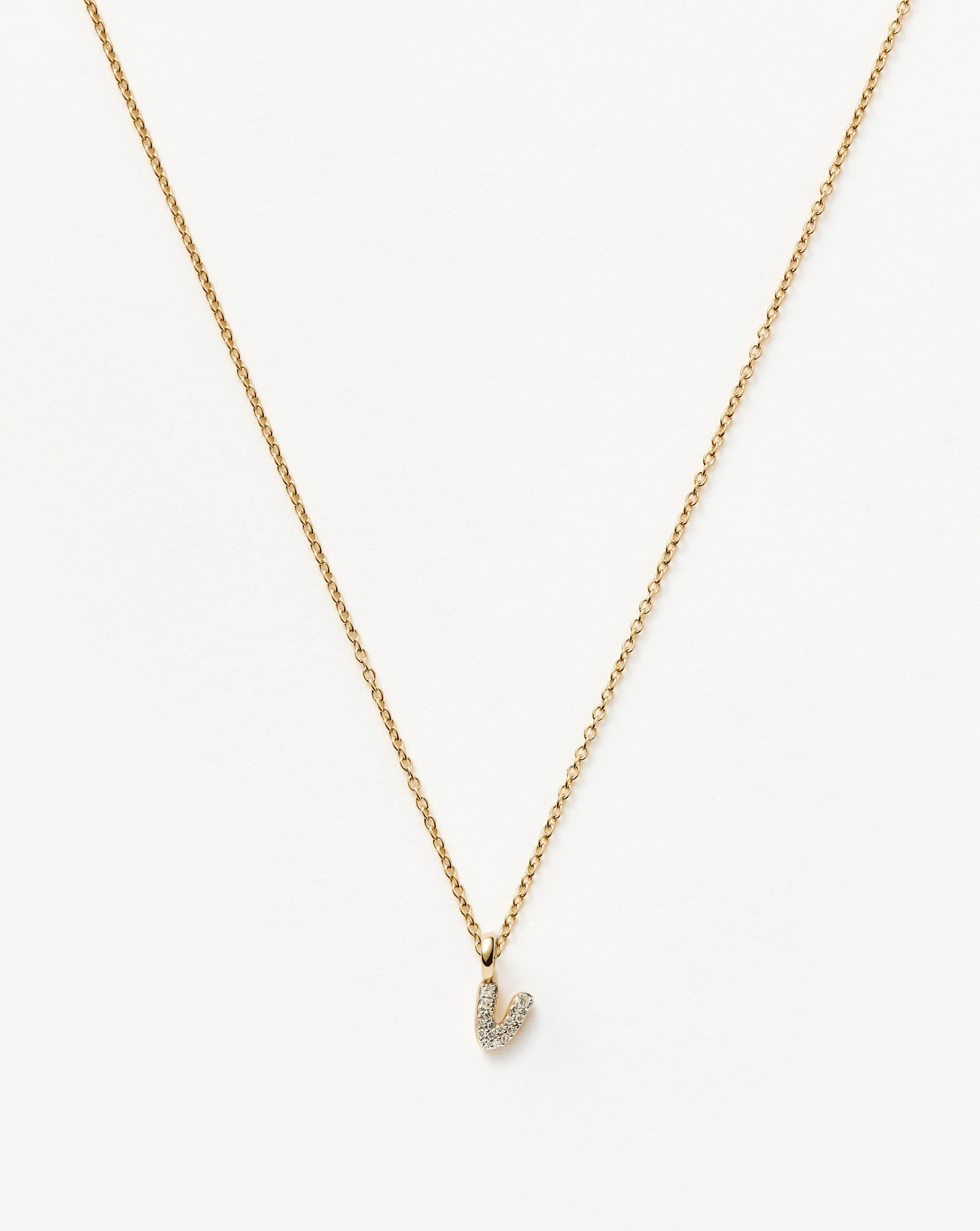 Solid Gold Diamond Initial Mini Pendant Necklace - V | 14k Solid Yellow Gold Plated/Diamond
