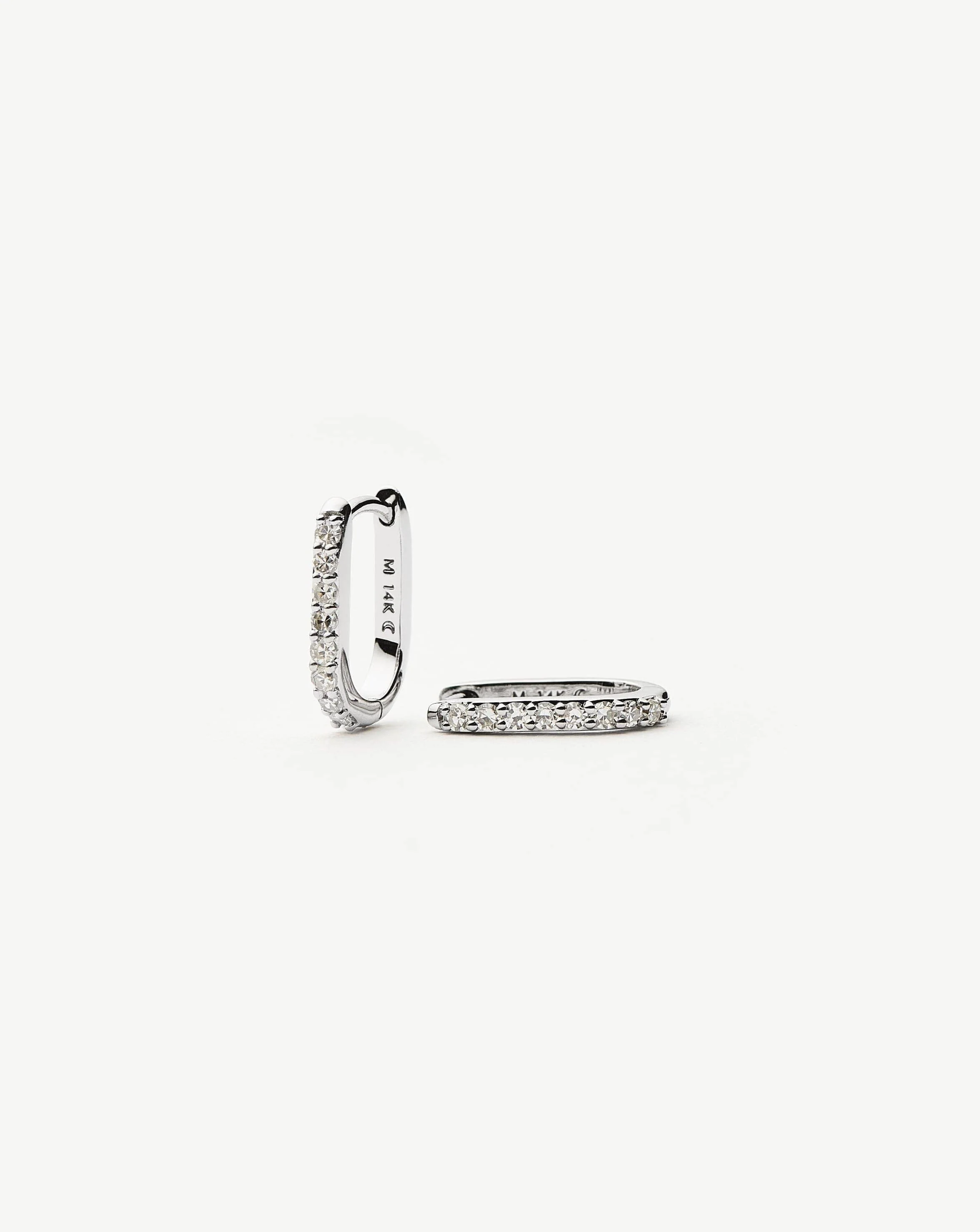 Solid Gold Diamond Ovate Mini Hoop Earrings | 14k Solid White Gold/Diamond