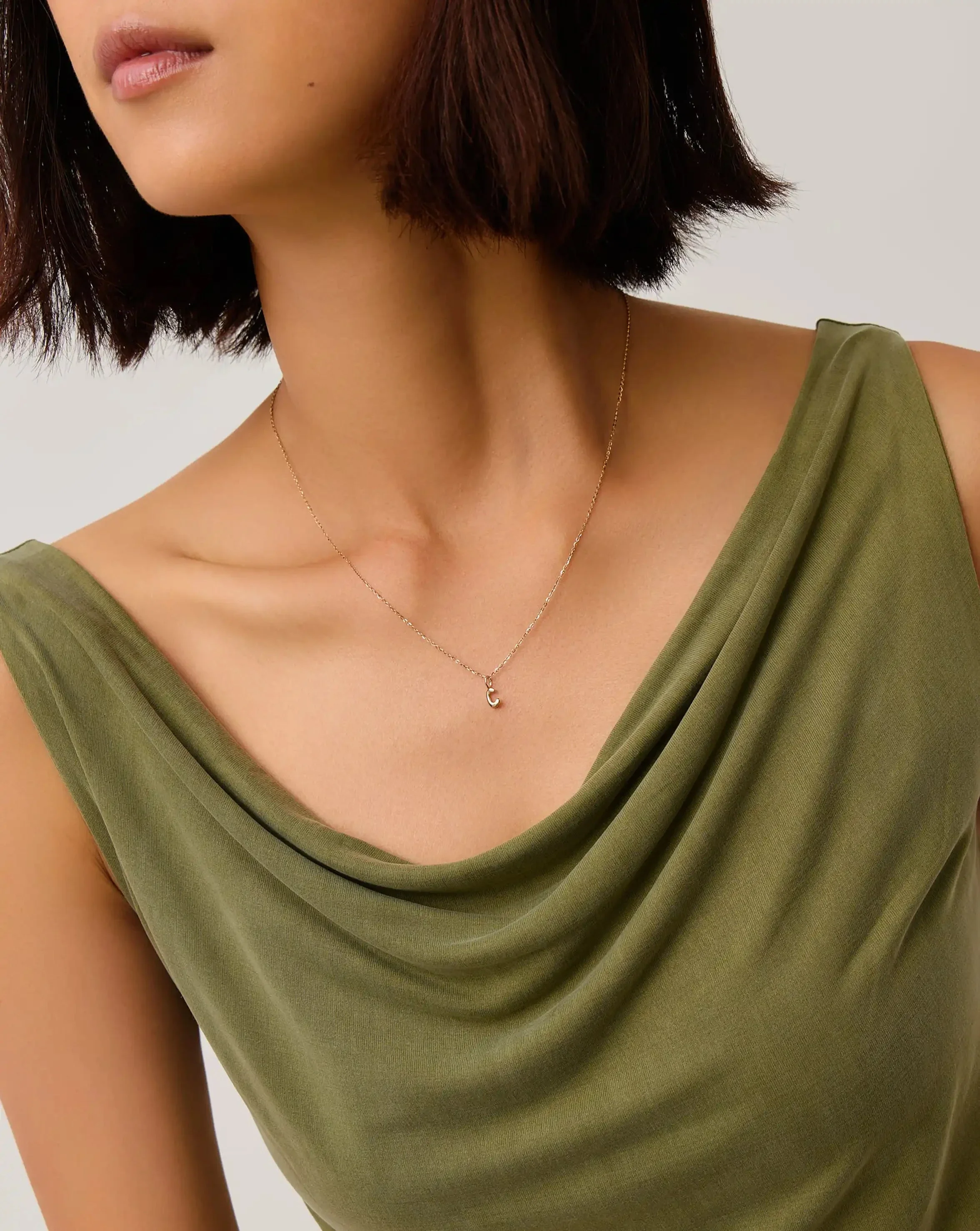 Solid Gold Initial Mini Pendant Necklace - C | 14k Solid Gold - Image 3