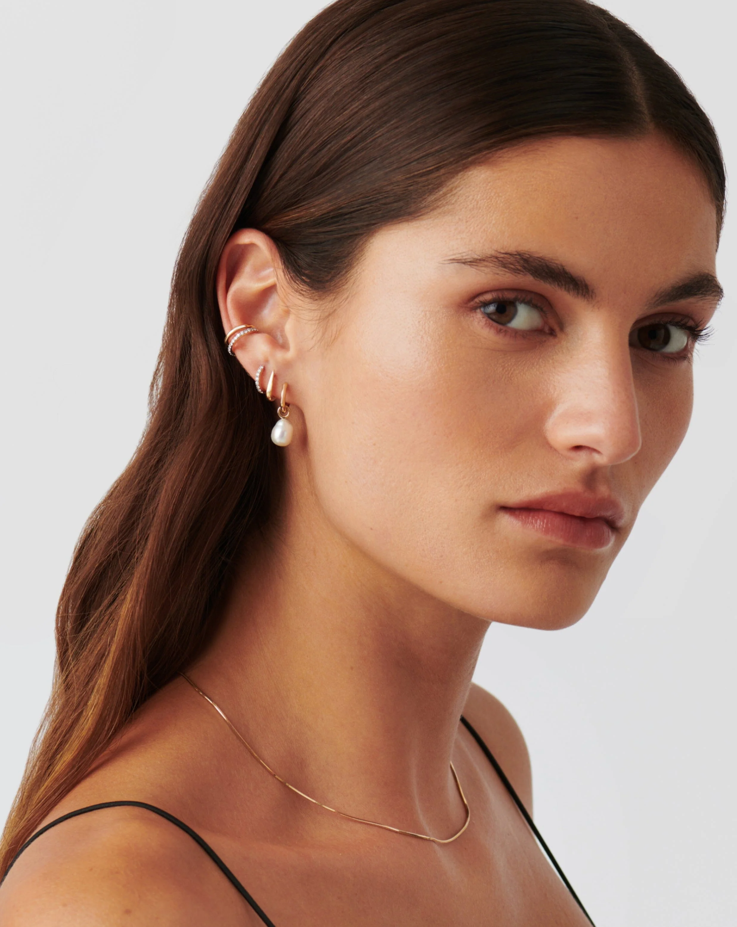 Solid Gold Pearl Drop Mini Hoop Earrings - Image 3