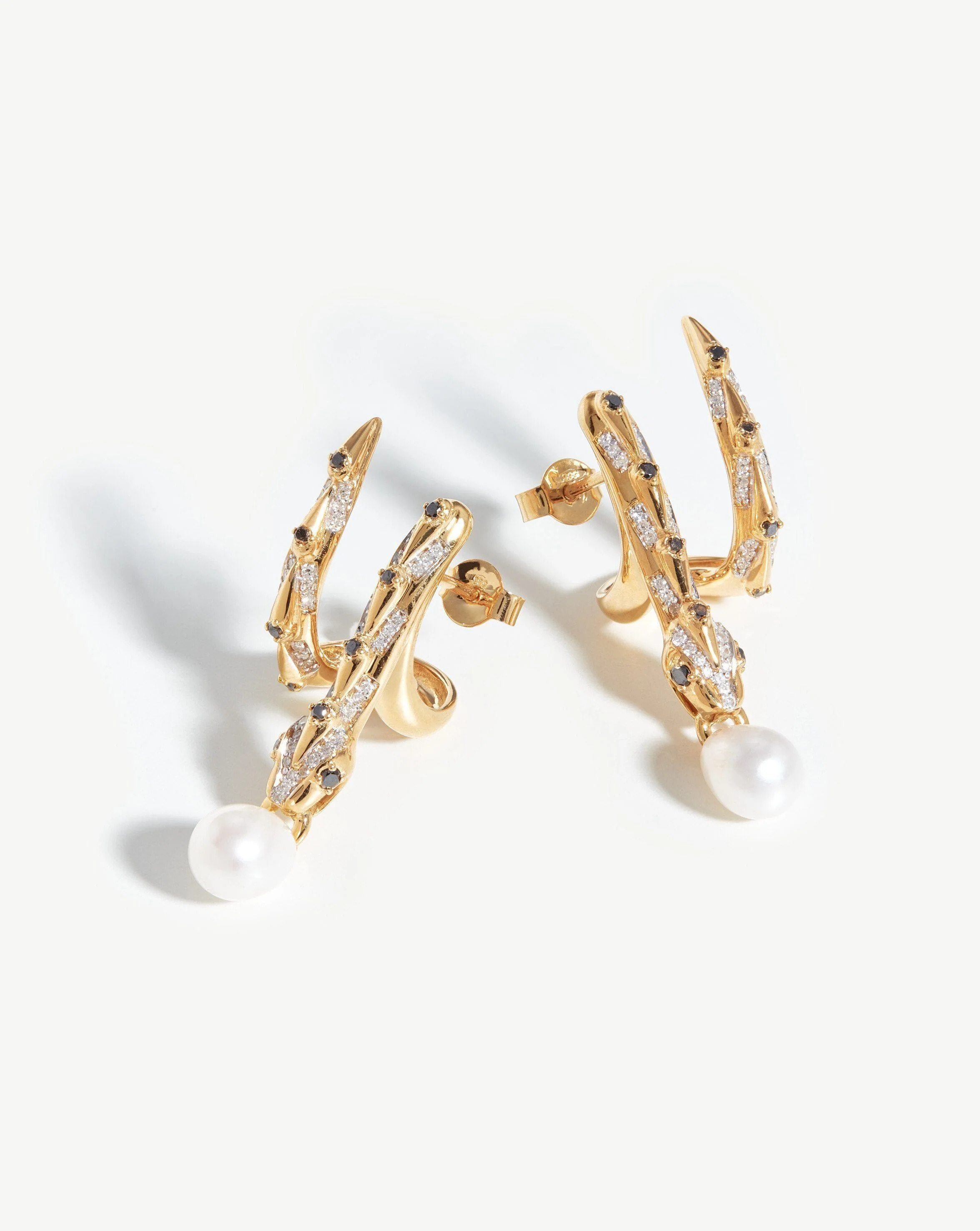 Harris Reed Solid Gold Coiled Serpent Earrings | 14k Solid Gold/Pearl & Diamond