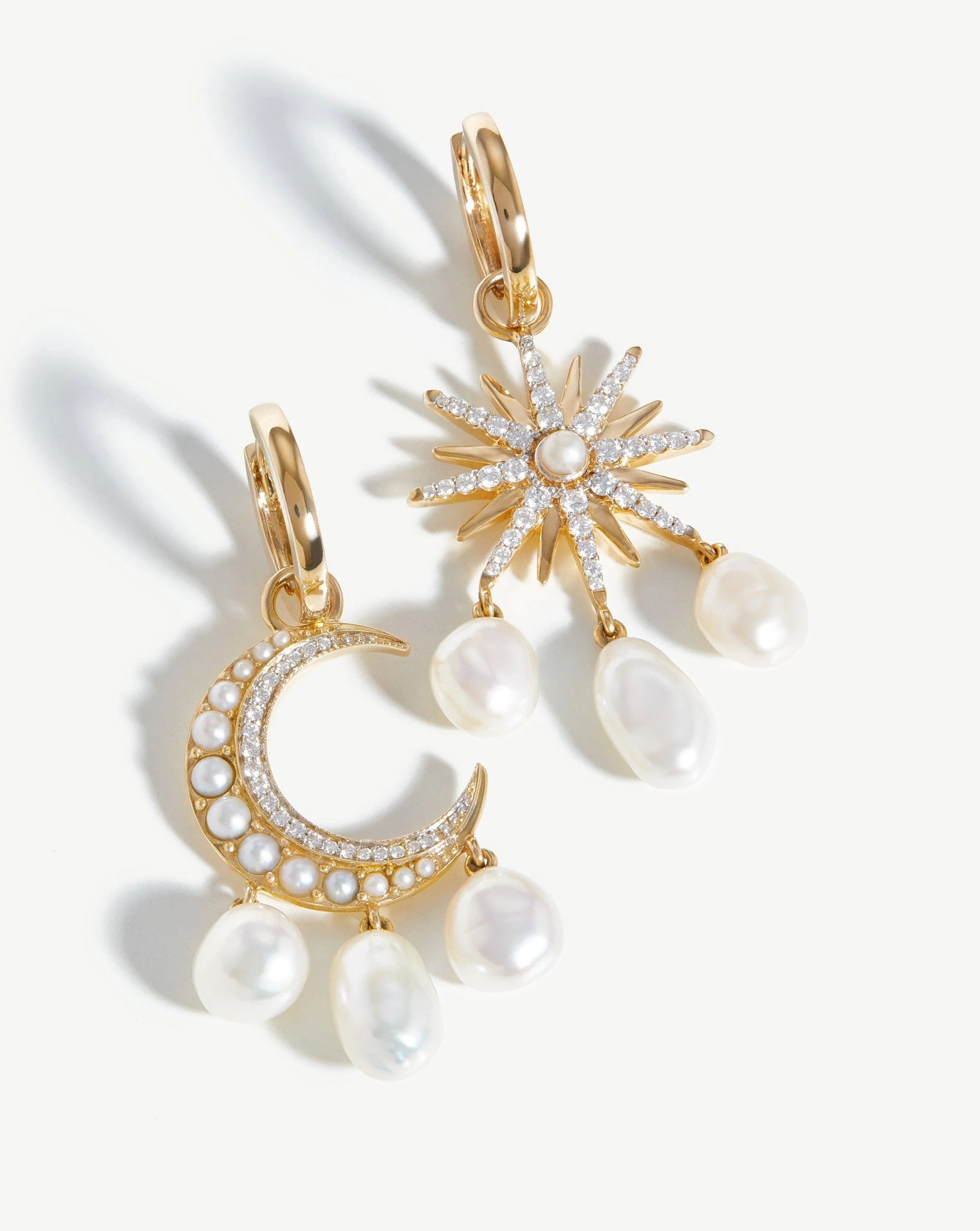 Harris Reed Solid Gold Moon Starlight Earrings | 14k Solid Gold/Pearl & Diamond