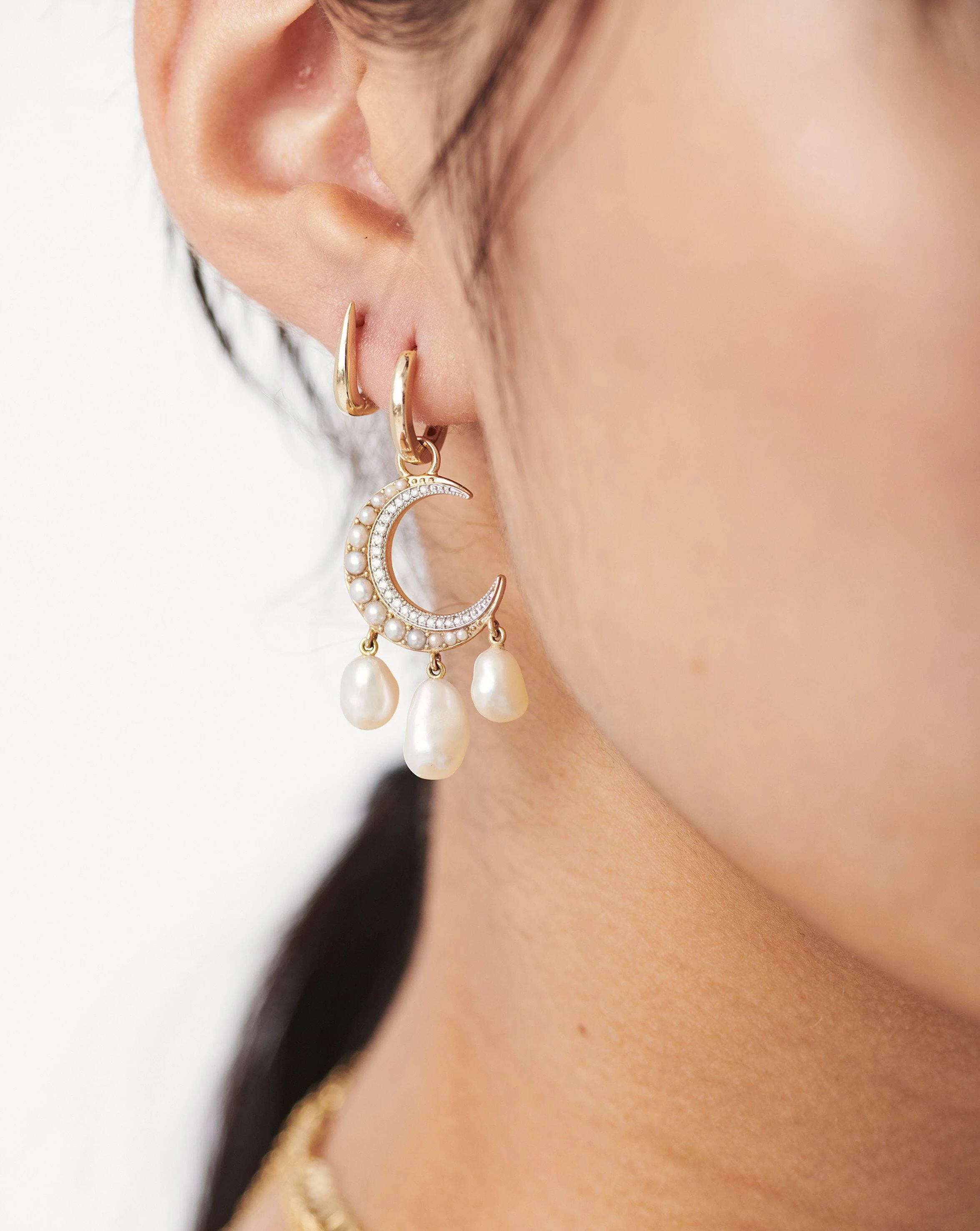 Harris Reed Solid Gold Moon Starlight Earrings | 14k Solid Gold/Pearl & Diamond - Image 2