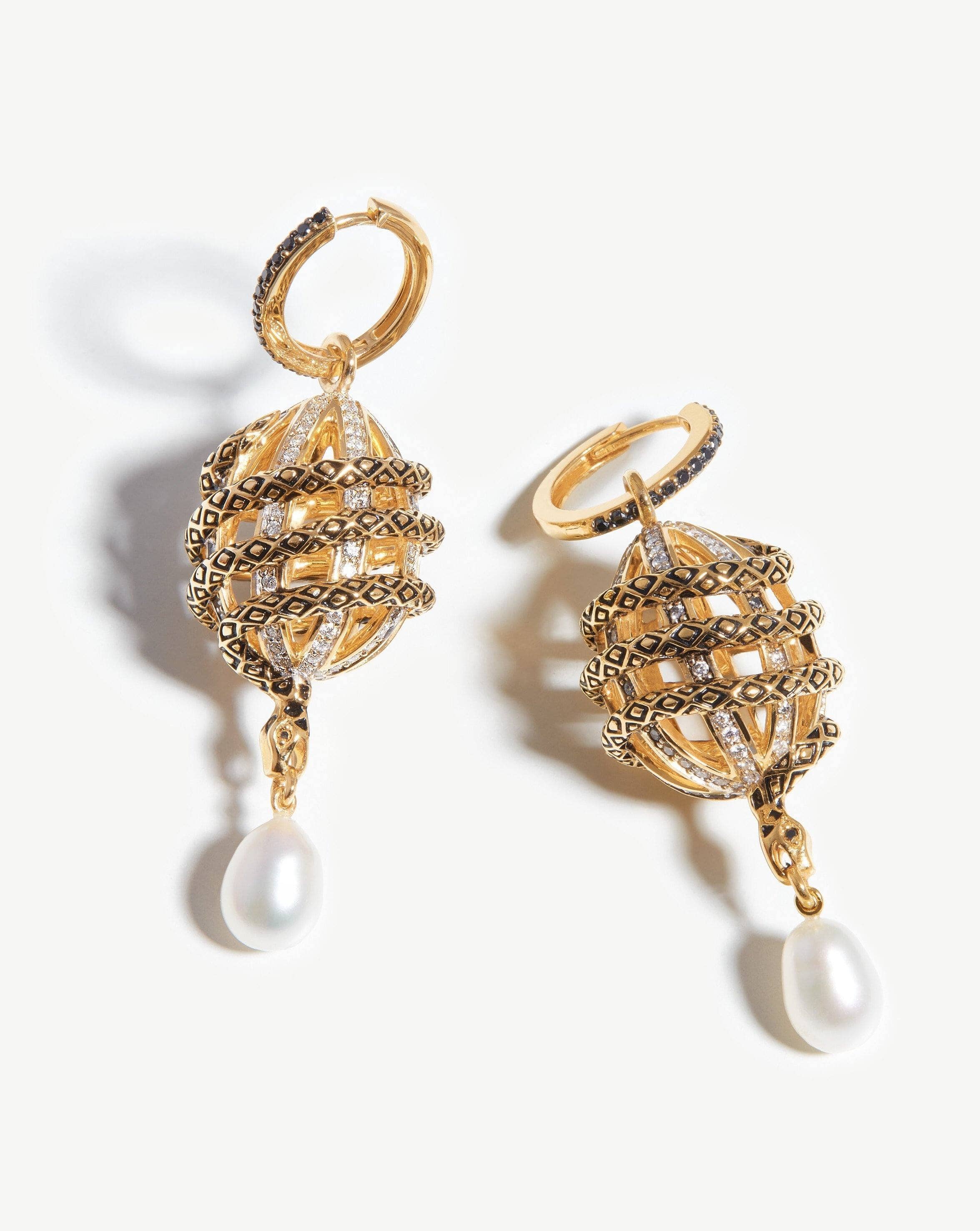 Harris Reed Solid Gold Uncaged Drop Earrings | 14k Solid Gold/Pearl & Diamond
