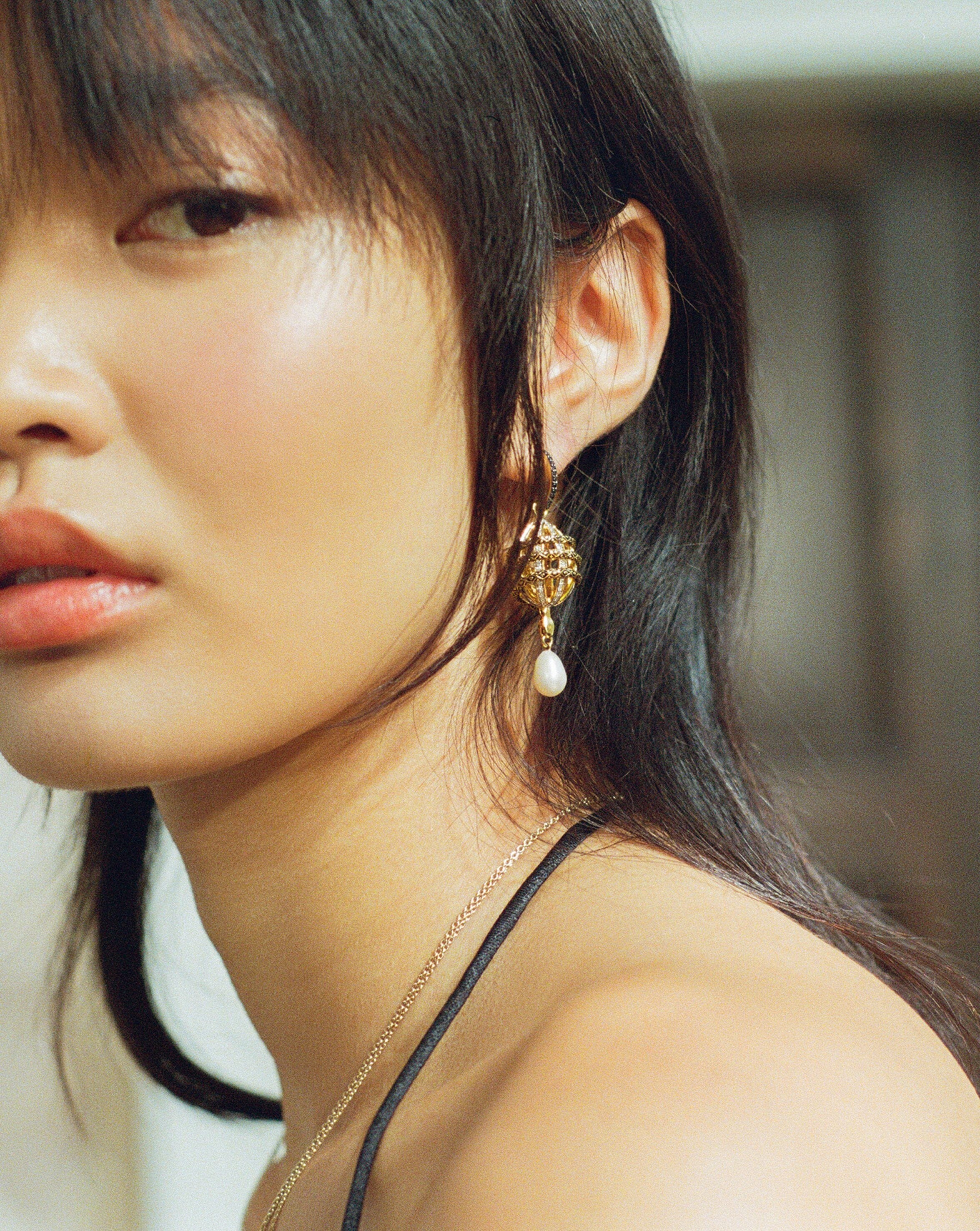 Harris Reed Solid Gold Uncaged Drop Earrings | 14k Solid Gold/Pearl & Diamond - Image 2