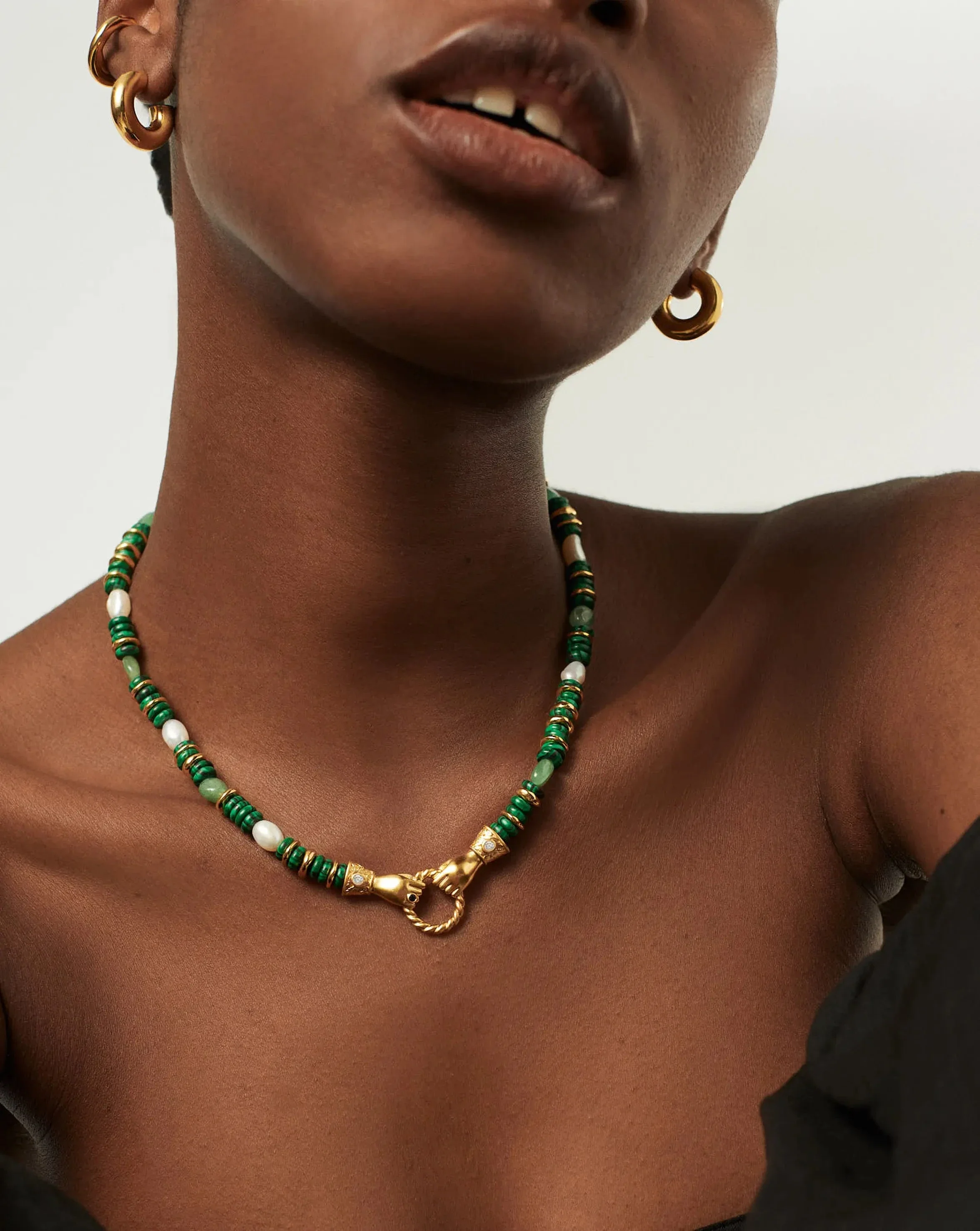 Harris Reed In Good Hands Chunky Beaded Gemstone Necklace | 18k Gold Plated/Multi Green Gemstone & Pearl - Image 2