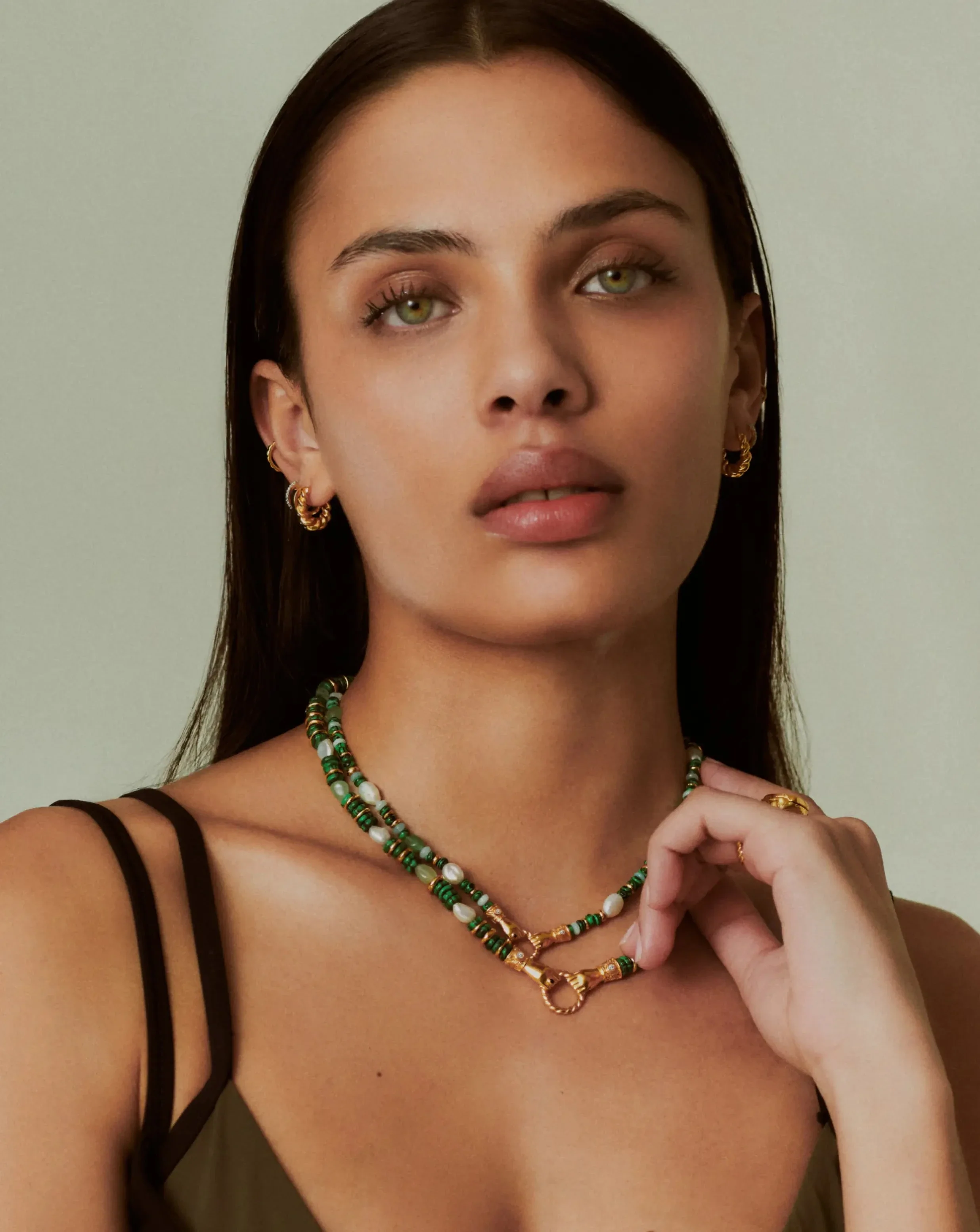 Harris Reed In Good Hands Chunky Beaded Gemstone Necklace | 18k Gold Plated/Multi Green Gemstone & Pearl - Image 3
