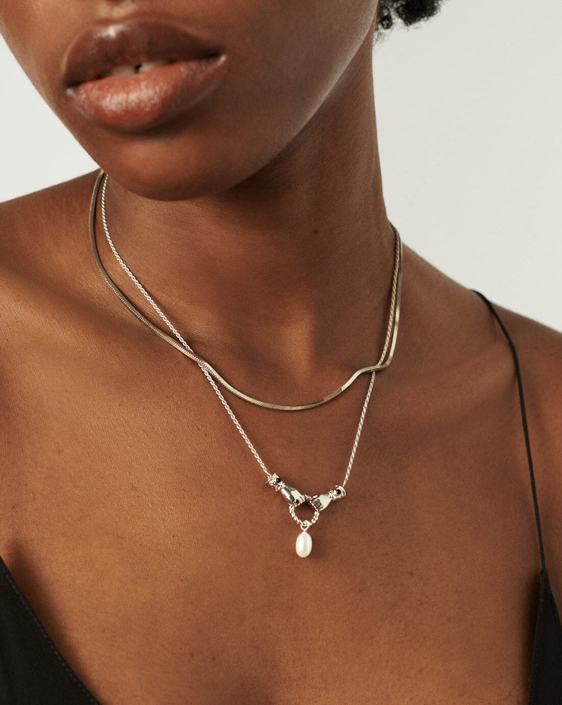 Harris Reed In Good Hands Drop Pendant Necklace | Silver Plated/Pearl & Black Onyx - Image 2