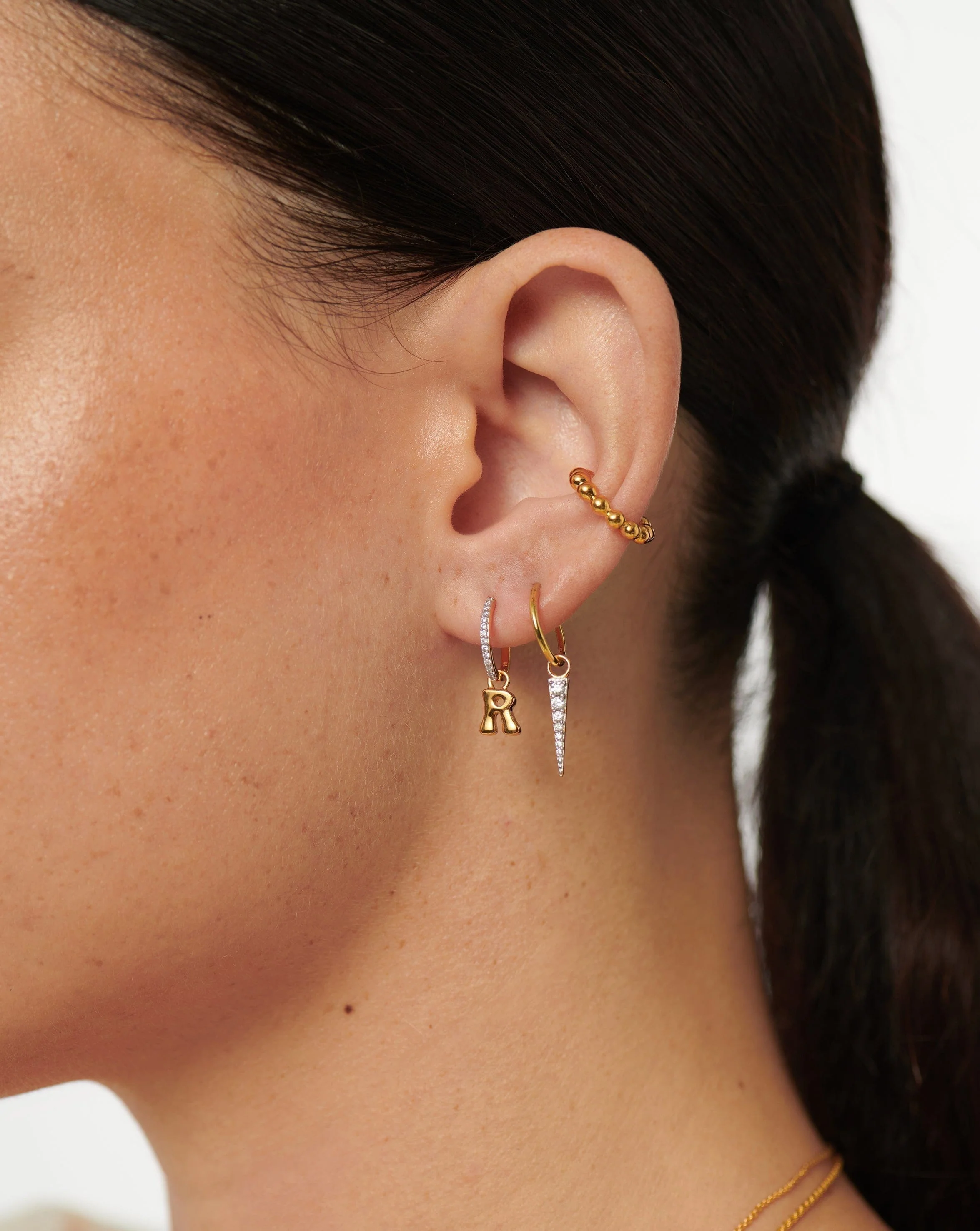Initial Single Charm Hoop Earring - Initial R | 18k Gold Vermeil - Image 2
