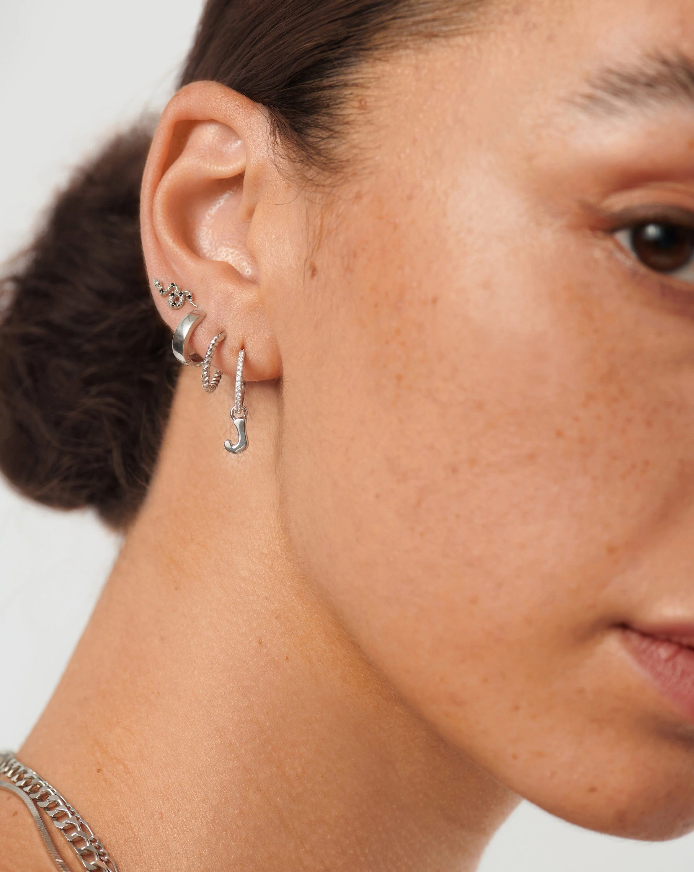 Initial Single Charm Hoop Earring - Initial J | Sterling Silver - Image 3