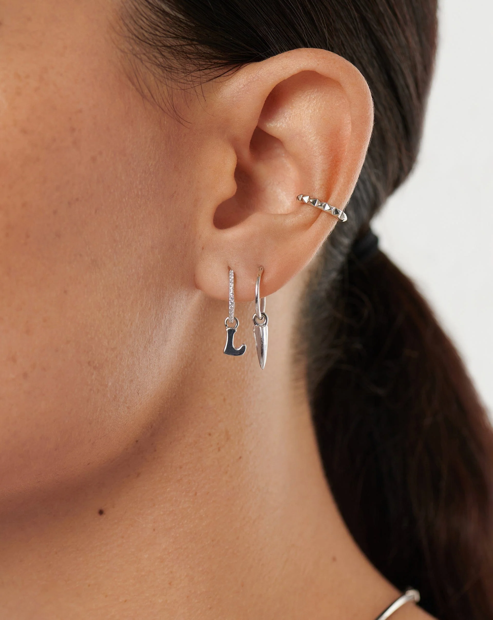 Initial Single Charm Hoop Earring - Initial L | Sterling Silver - Image 2