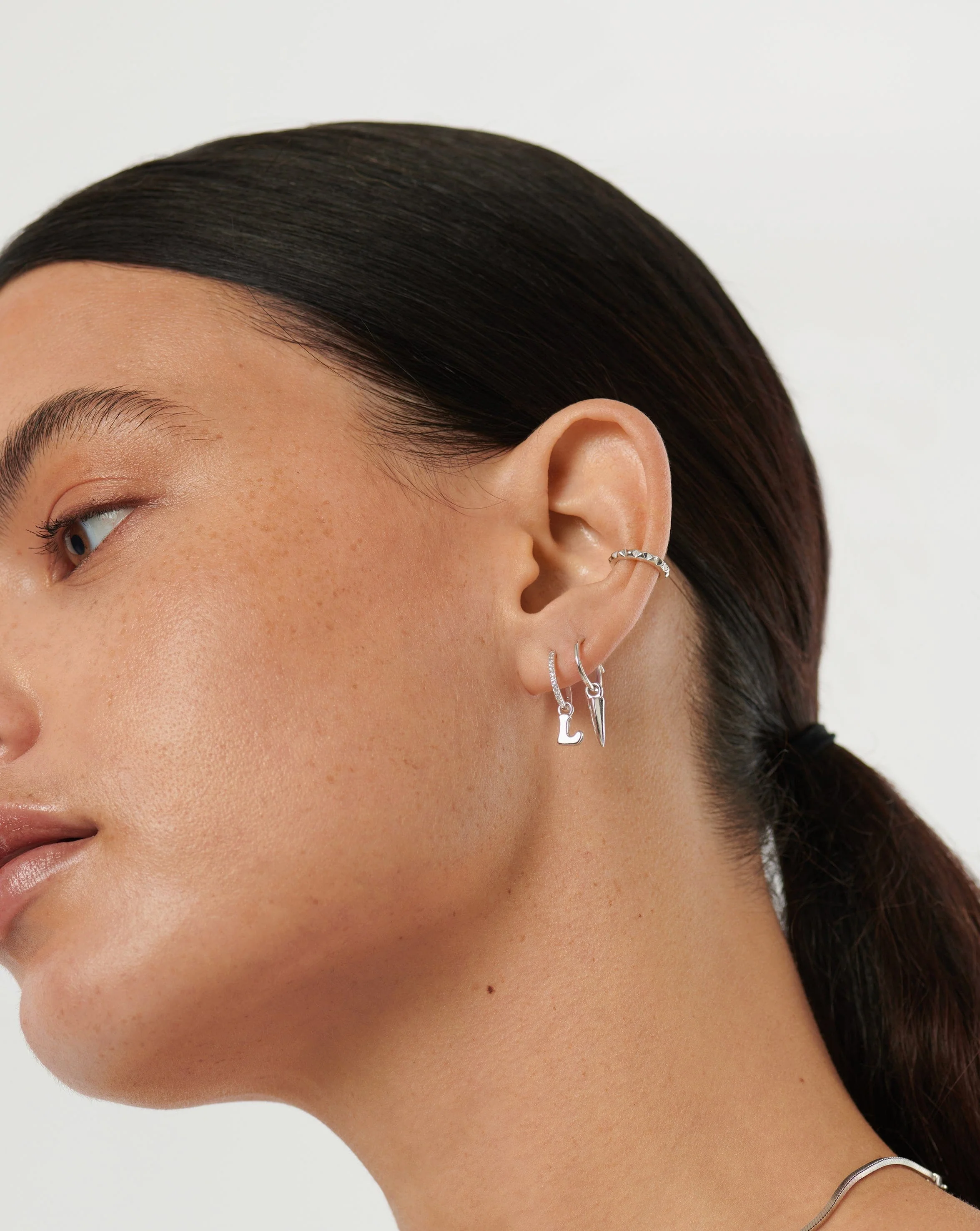 Initial Single Charm Hoop Earring - Initial L | Sterling Silver - Image 3