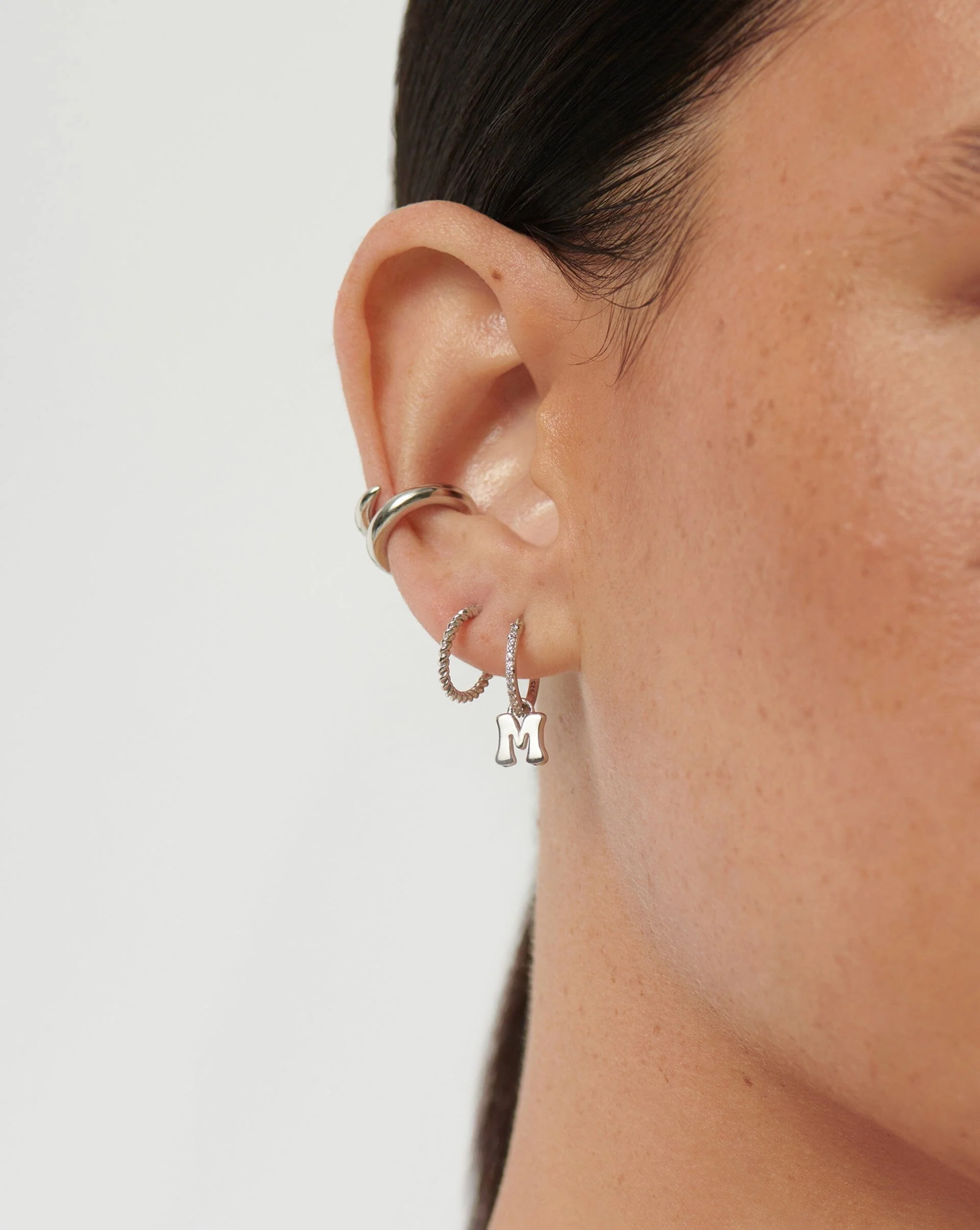 Initial Single Charm Hoop Earring - Initial M | Sterling Silver - Image 2