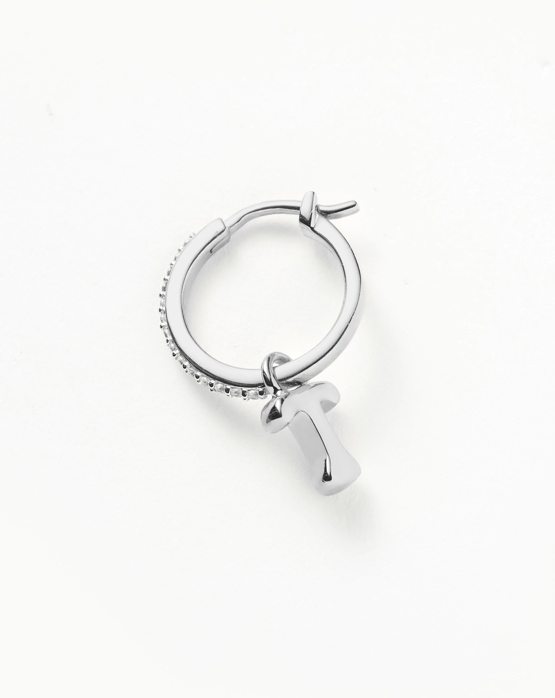 Initial Single Charm Hoop Earring - Initial T | Sterling Silver - Image 2