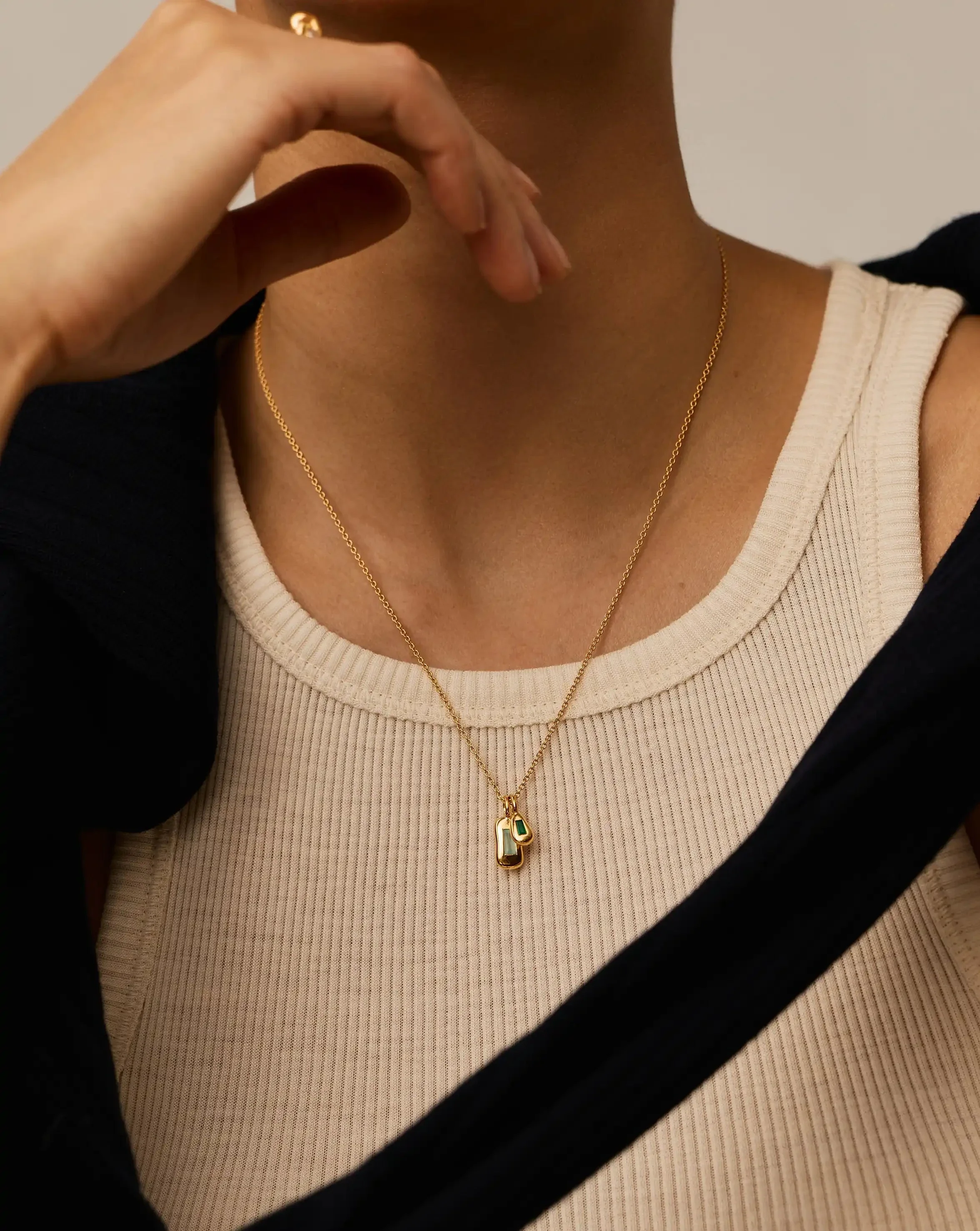 Molten Gemstone Bean Pendant Necklace | 18k Gold Plated/Blue and Green Onyx - Image 2
