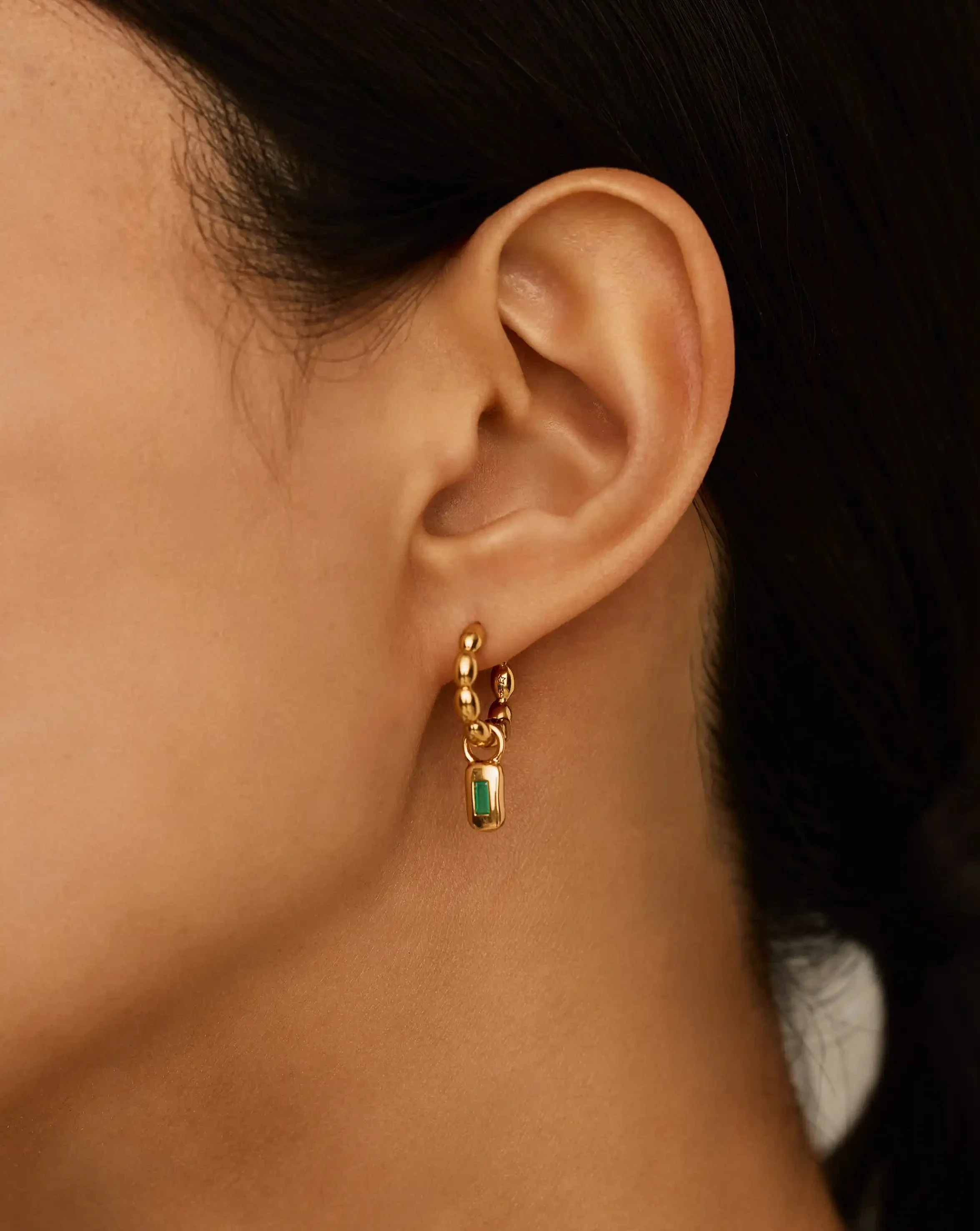 Molten Gemstone Charm Hoop Earrings | 18k Gold Plated/Green Onyx - Image 2