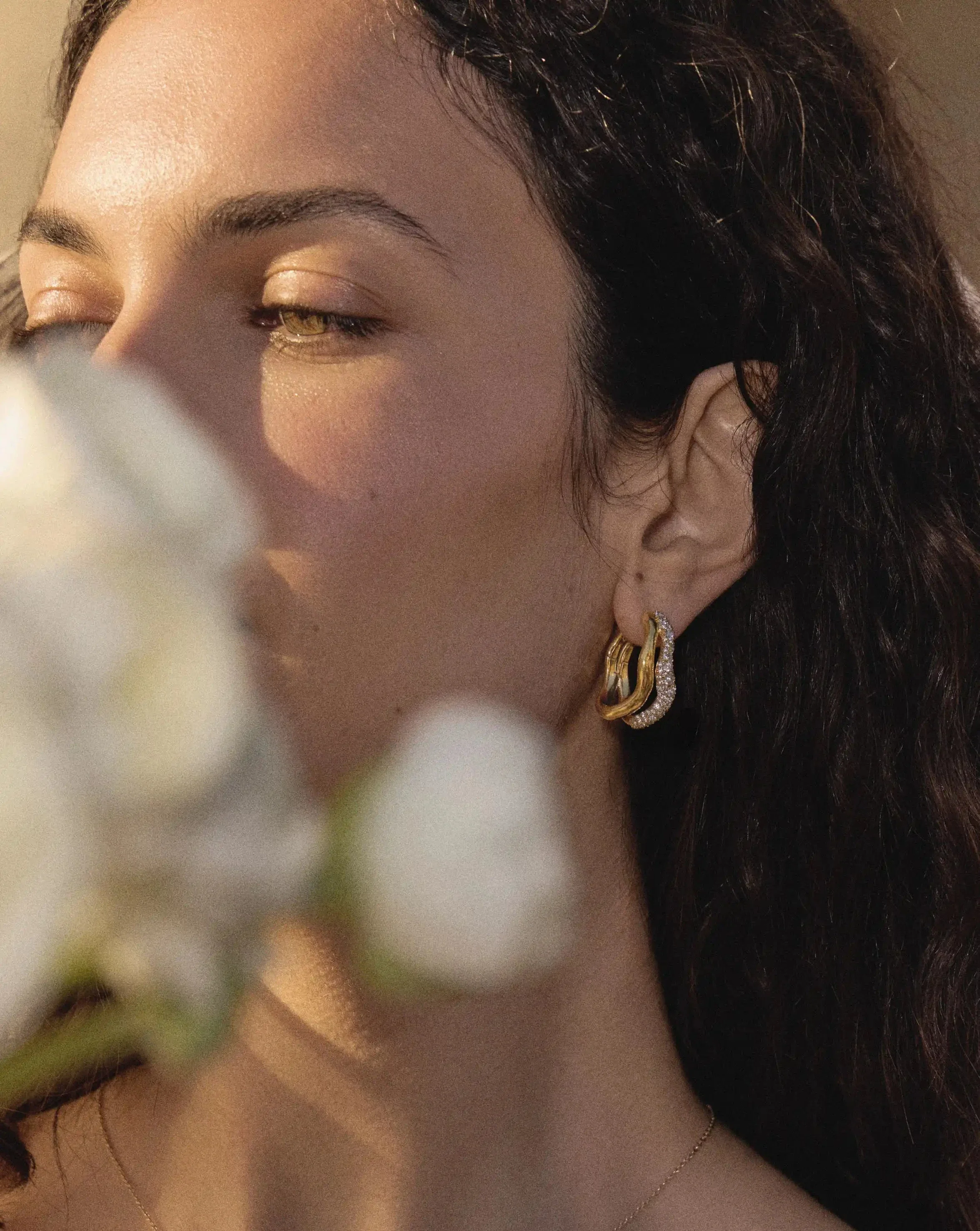 Molten Snow Double Medium Hoop Earrings | 18k Gold Plated/Cubic Zirconia - Image 2