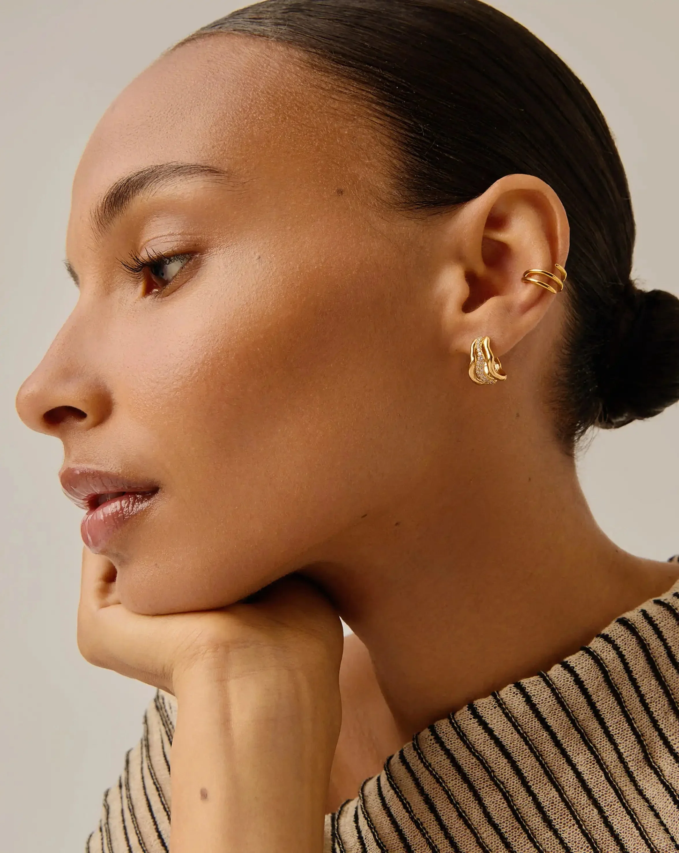 Molten Snow Triple Small Hoop Earrings | 18k Gold Plated/Cubic Zirconia - Image 6
