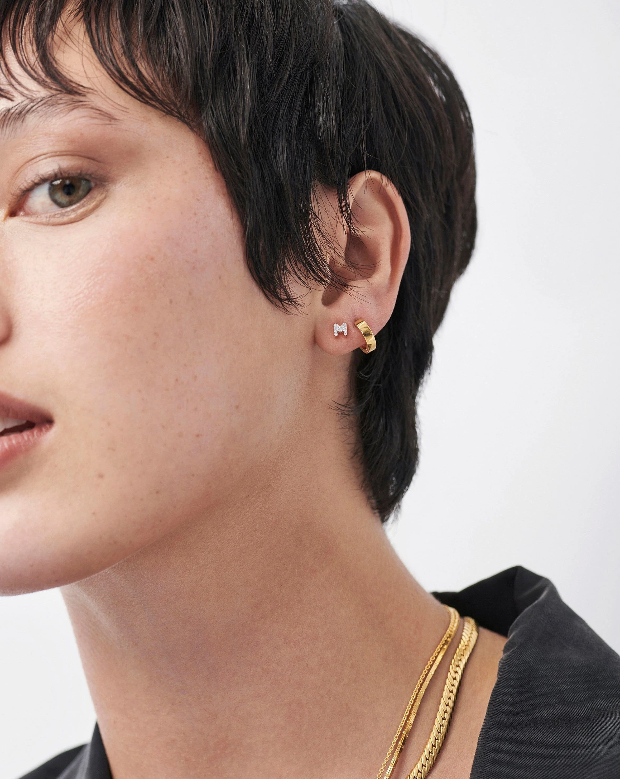 Pave Initial Single Stud Earring - Initial M | 18k Gold Vermeil/Cubic Zirconia - Image 3