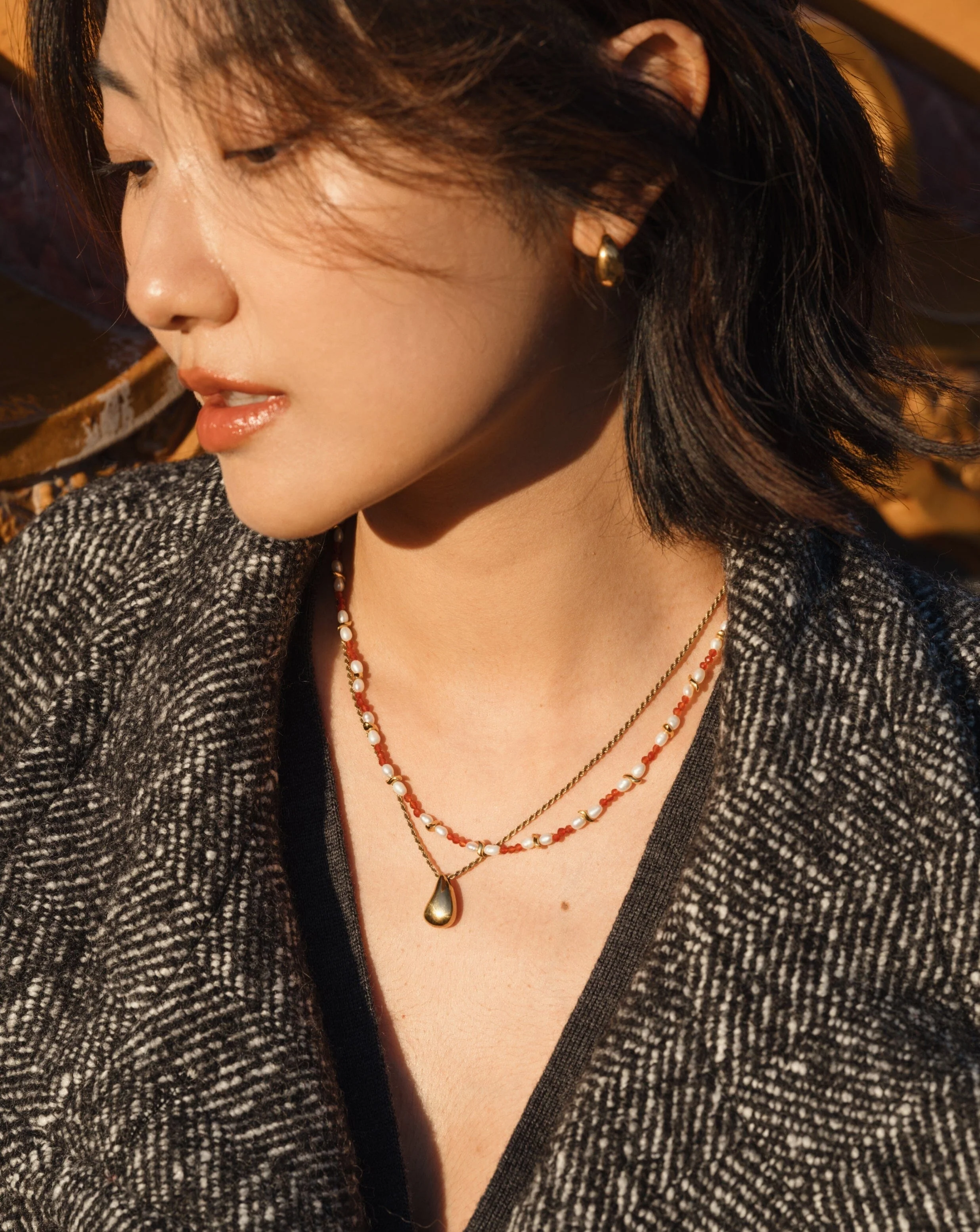 Savi Seed Pearl Beaded Necklace | Red Quartz & Pearl - Image 3
