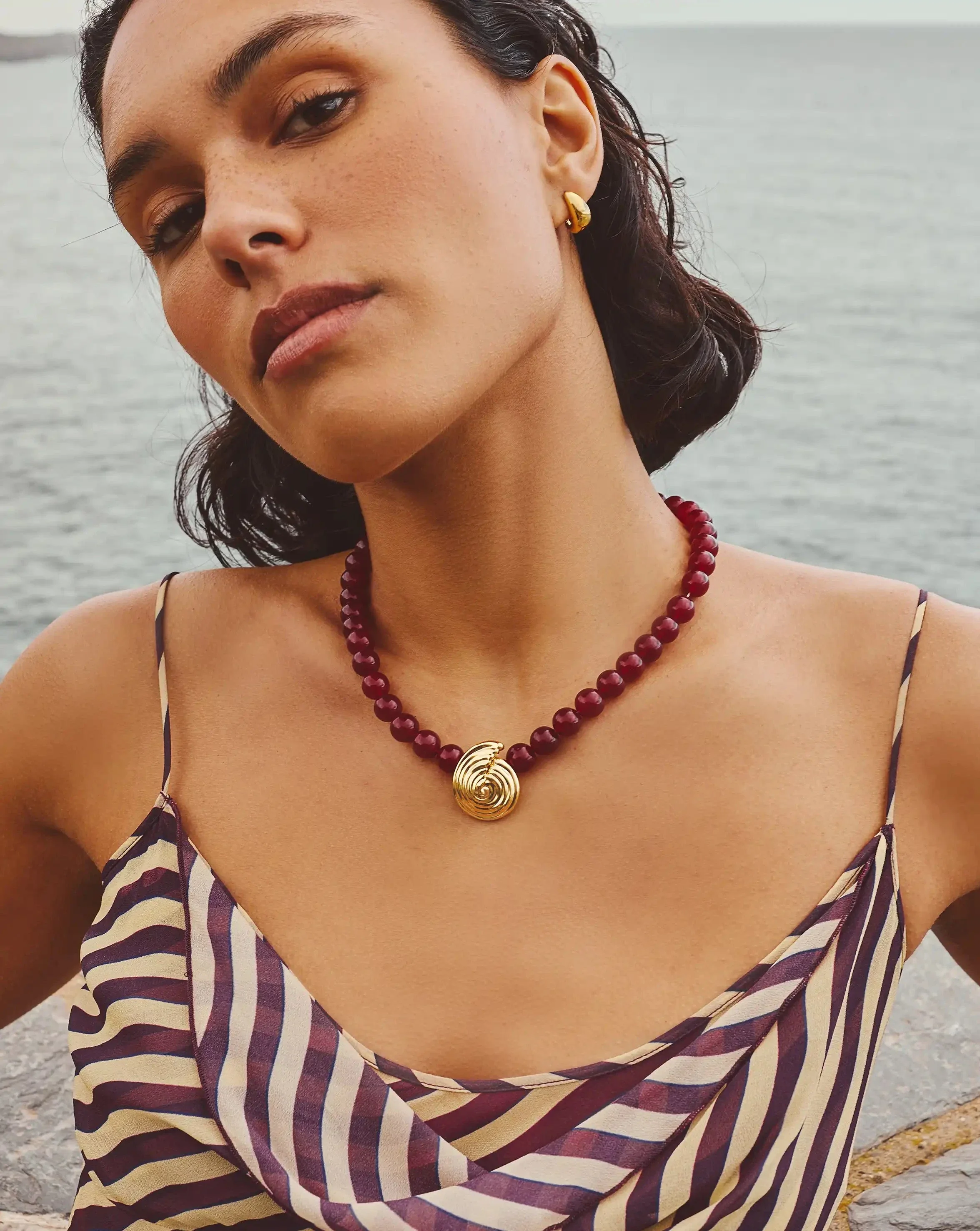 Spiral Gemstone Beaded Pendant Necklace | 18k Gold Plated/Dark Cherry Crystal Quartz - Image 3