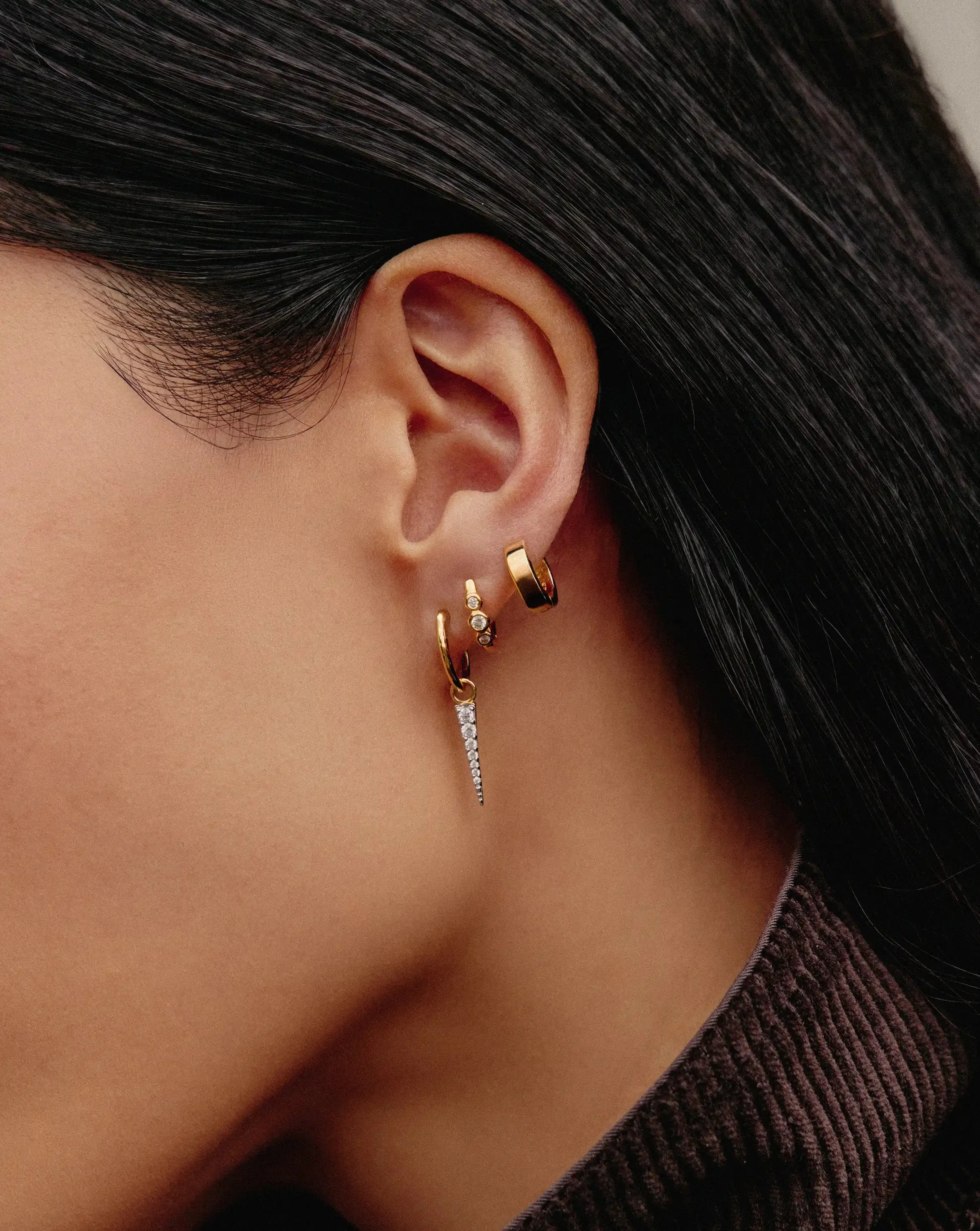 Triple Stone Small Hoop Earrings | 18k Gold Plated - Image 3