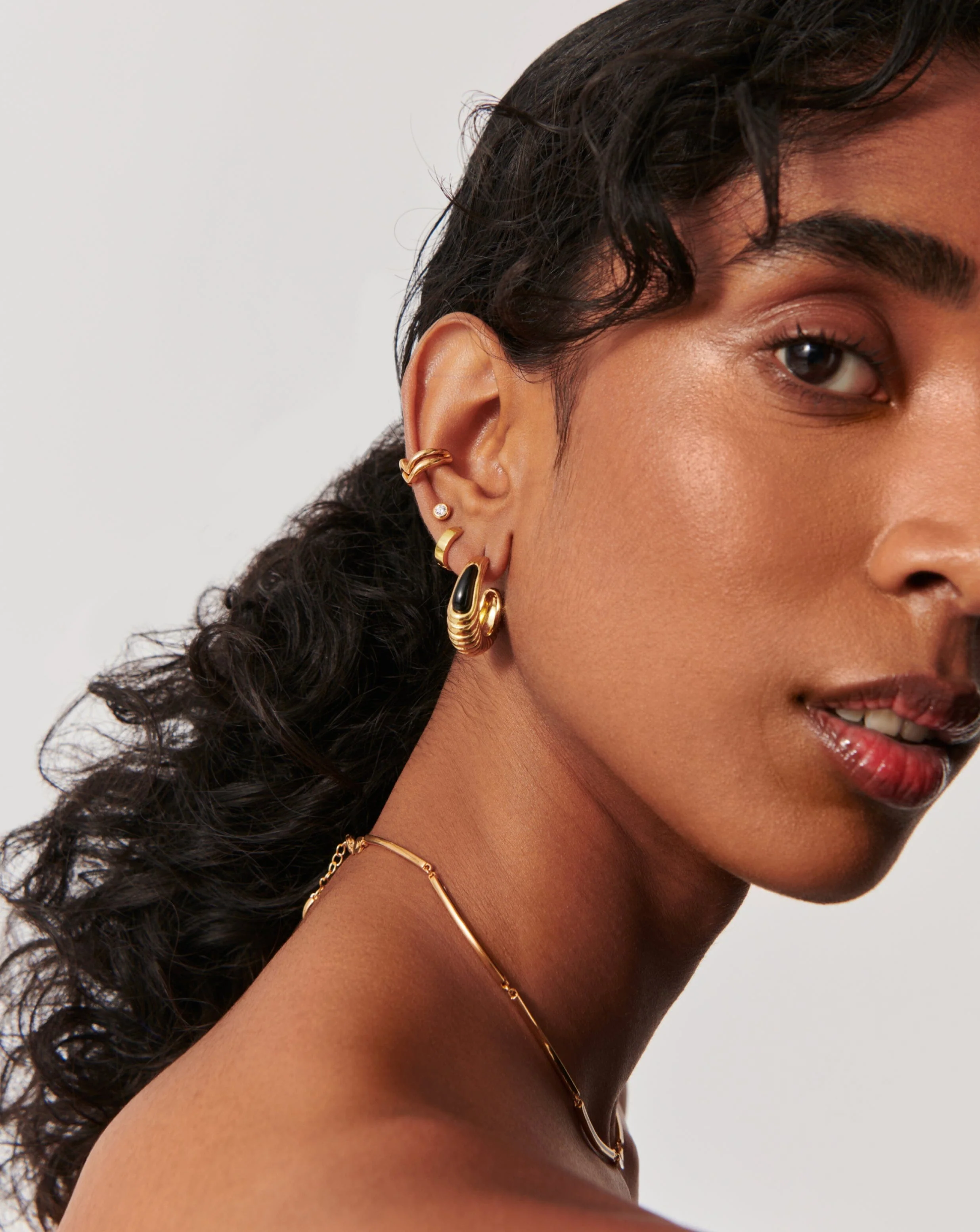 Wavy Ridge Gemstone Medium Hoop Earrings - Image 2