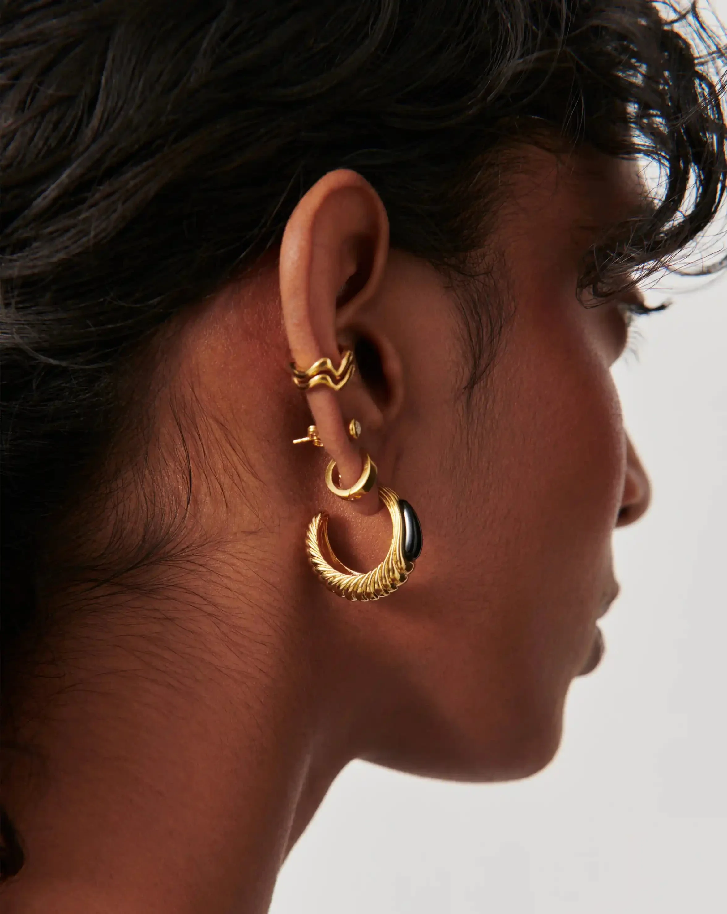 Wavy Ridge Gemstone Medium Hoop Earrings - Image 3